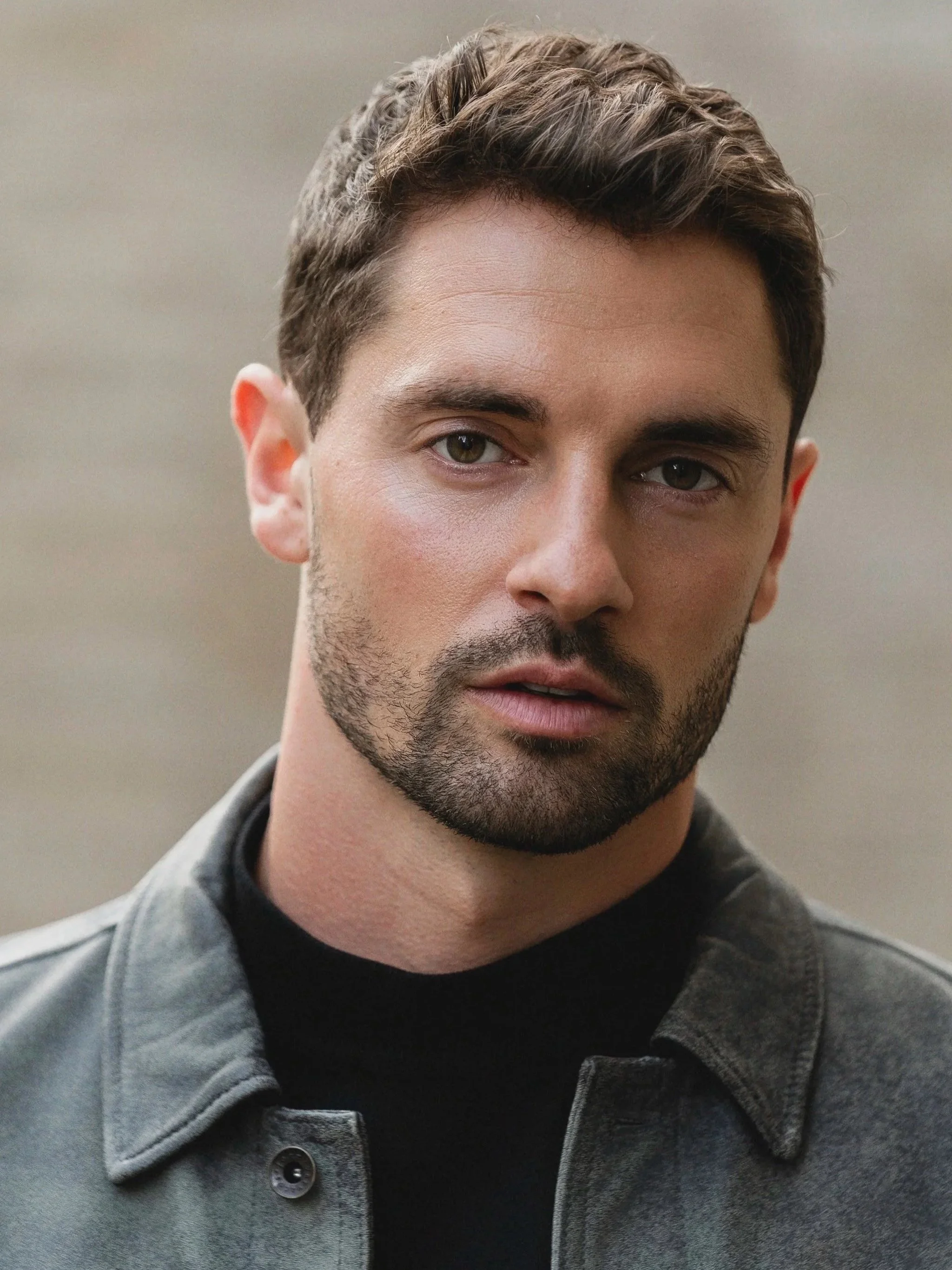 Compilation of four fashion portraits: a man in a trench coat and striped shirt on a city street, a man with curly hair wrapped in a white knit blanket, a woman with slicked back hair and gold earrings against a neutral background, and a woman in a black dress and cowboy boots standing on a city sidewalk.