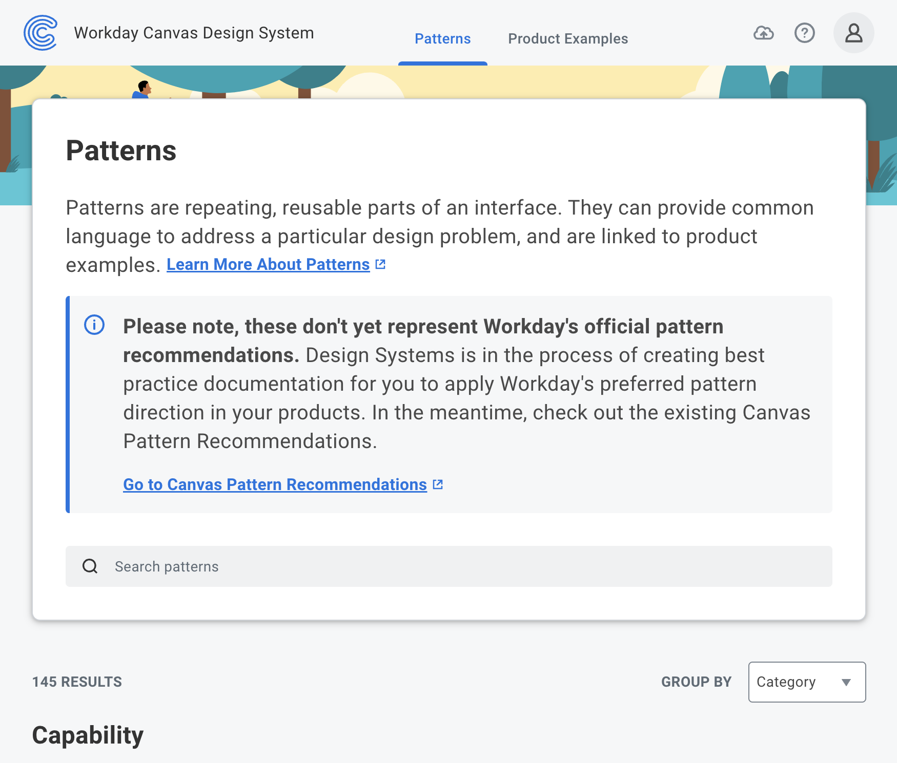 A screenshot of the Patterns homescreen of the Workday Pattern LIbrary