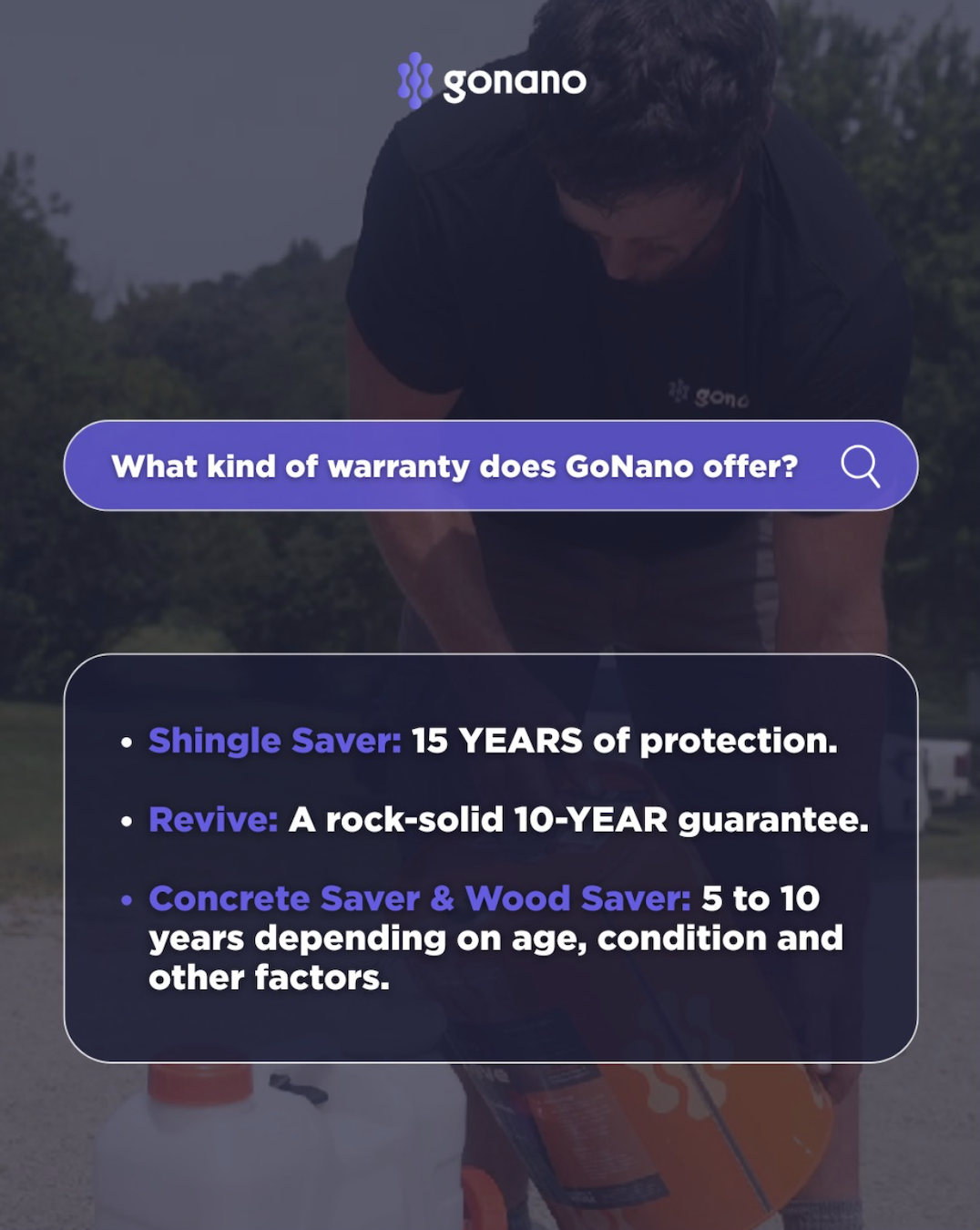 Warranty offerings by GoNano and lists three types of protection: Shingle Saver, Revive, and Concrete Saver & Wood Saver, each with details about duration and conditions.