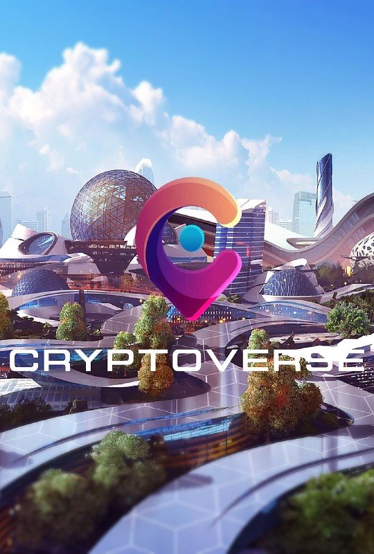 Futuristic cityscape with domed buildings, trees, and a large "CRYPTOVERSE" logo overlaid. The scene features modern architecture under a bright blue sky with clouds.