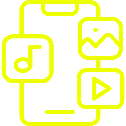 En illustrasjon av en mobiltelefon med ikoner for musikk, bilder og video.