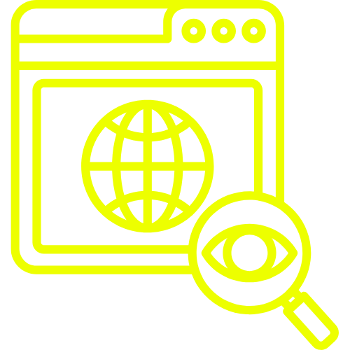 Et ikon av en datamaskin med jordklode på skjermen og en forstørrelsesglass med et øye over.