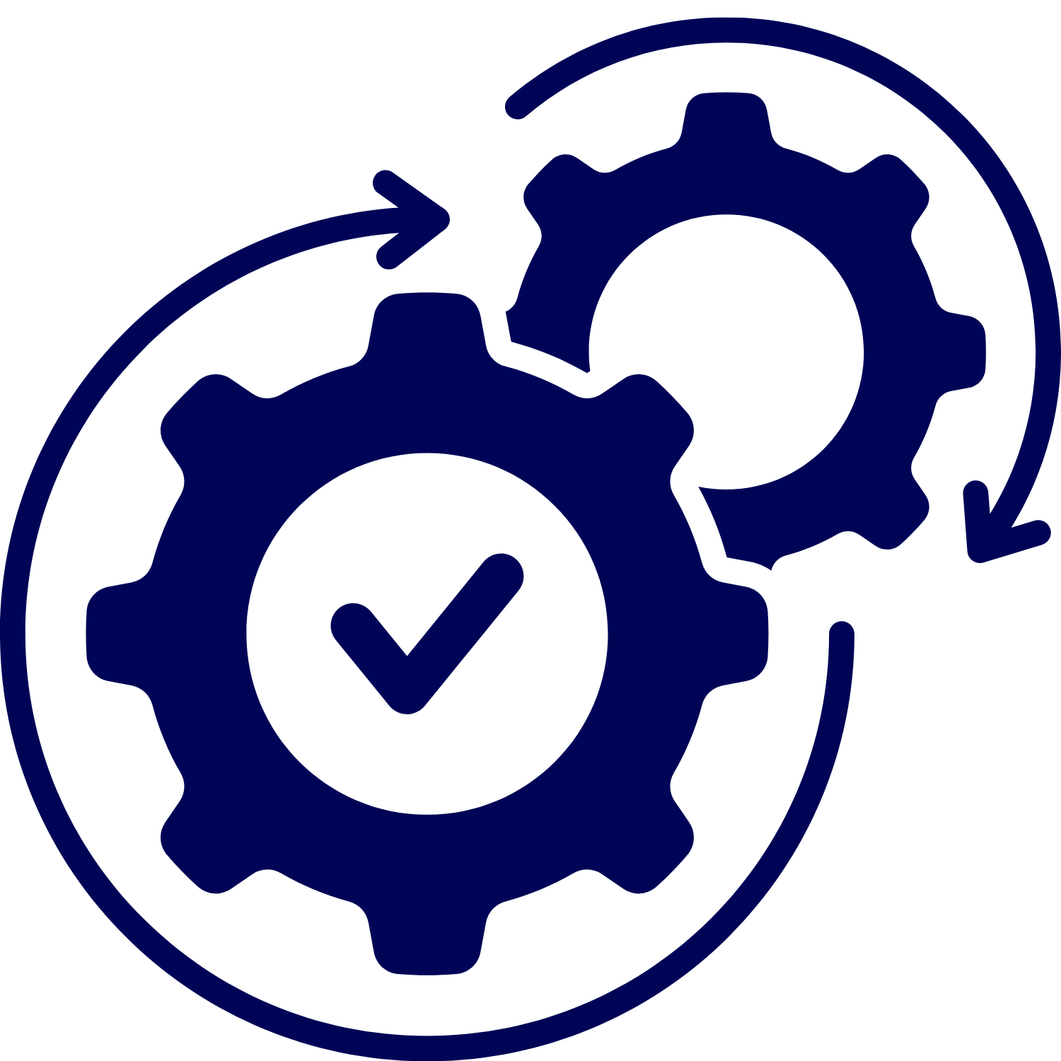 To blå tannhjul med en sjekkmerke i det ene, og piler rundt dem, symboliserer prosess eller systemoppdatering.