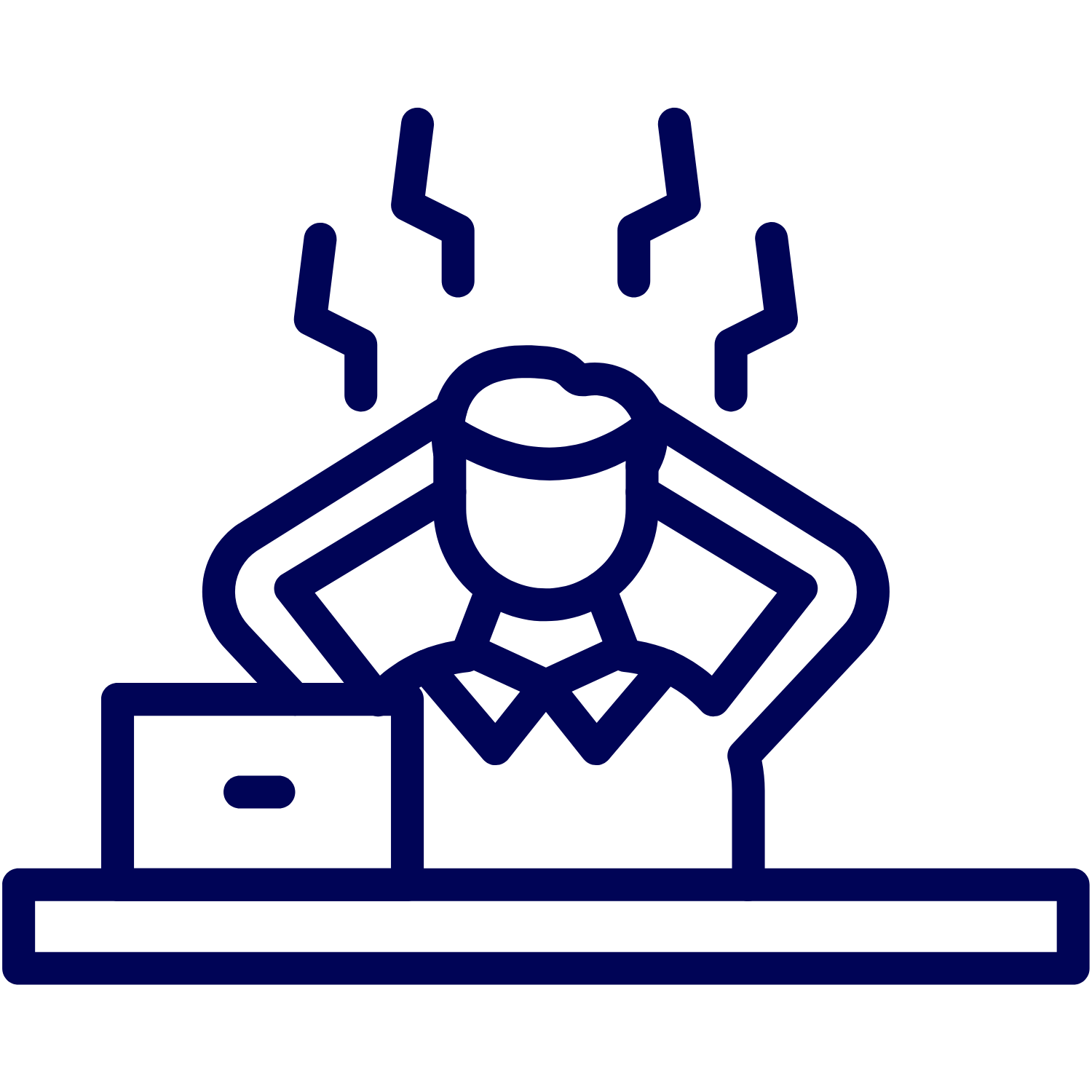 Illustrasjon av en person med hevede armer som står bak en datamaskin, med symboler over hodet som kan tolkes som elektriske impulser.