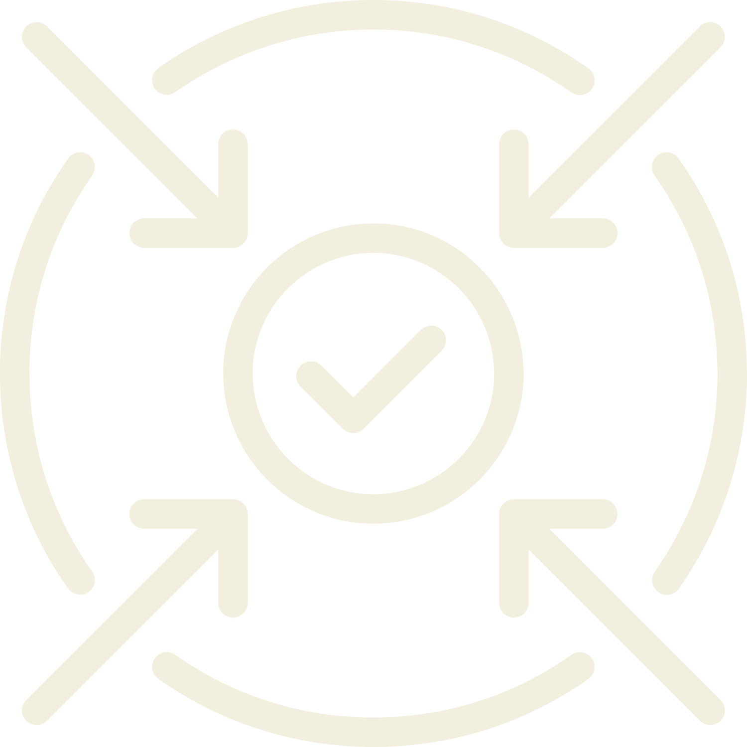 Et ikon med en sjekkmerke i midten, omgitt av fire piler i en sirkel.