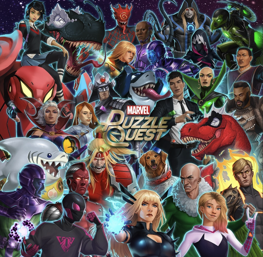 Marvel Puzzle Quest promotional image featuring various Marvel characters including superheroes and villains, assembled in dynamic poses with a space-themed background.