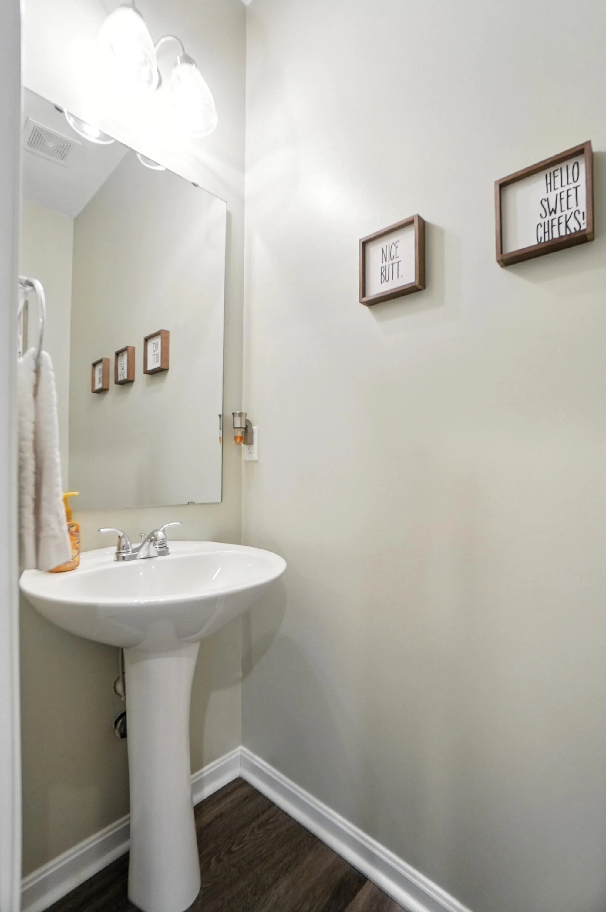 A small bathroom with a wall-mounted mirror, a white pedestal sink with a soap dispenser, wooden framed signs on the wall that say "Nice Butt" and "Hello Sweet Cheeks!", a towel hanging on a rail, and a wall-mounted light fixture.