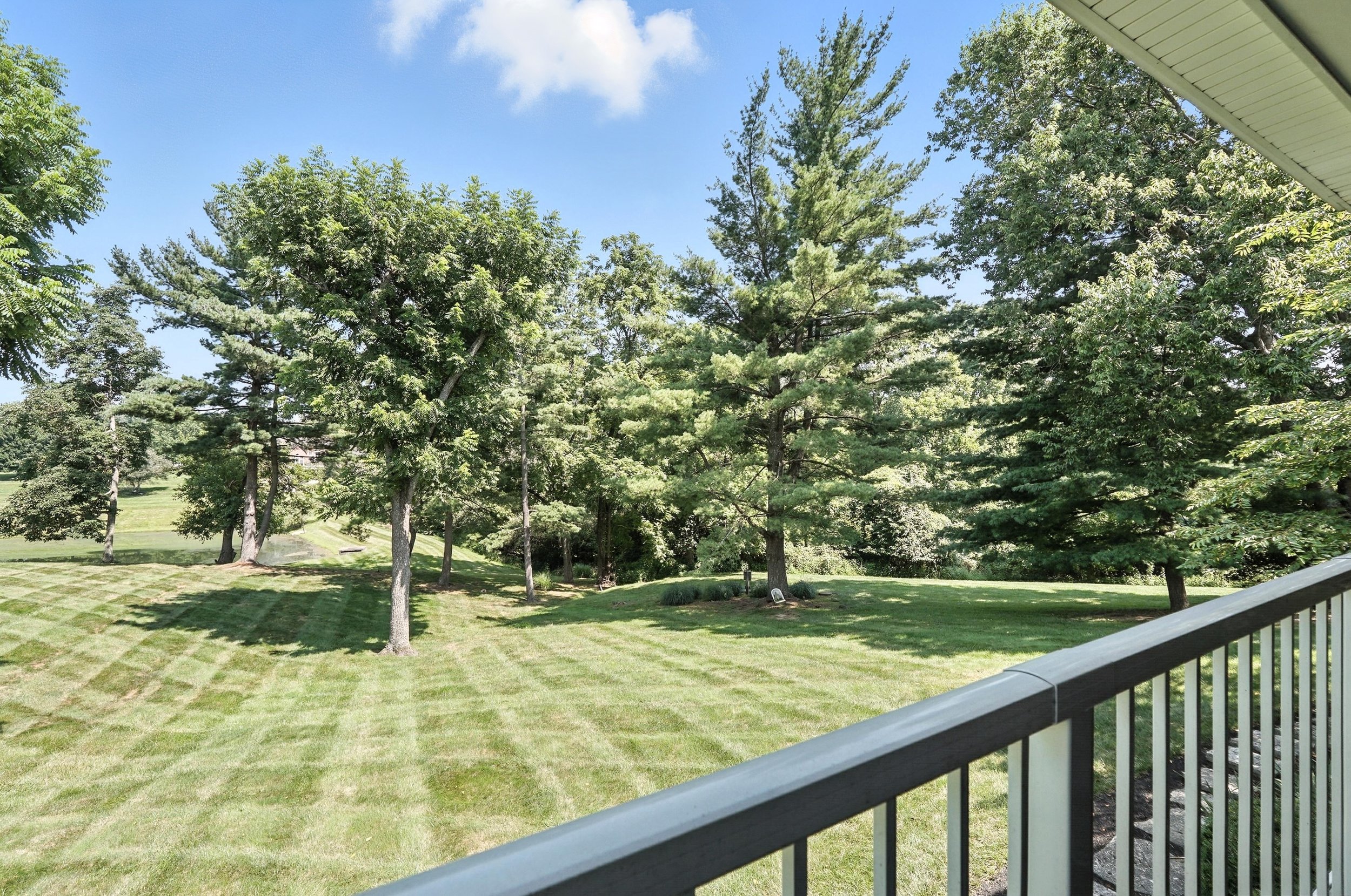 View from a balcony looking out over a well-maintained grassy yard with several large trees and a blue sky with some clouds.
