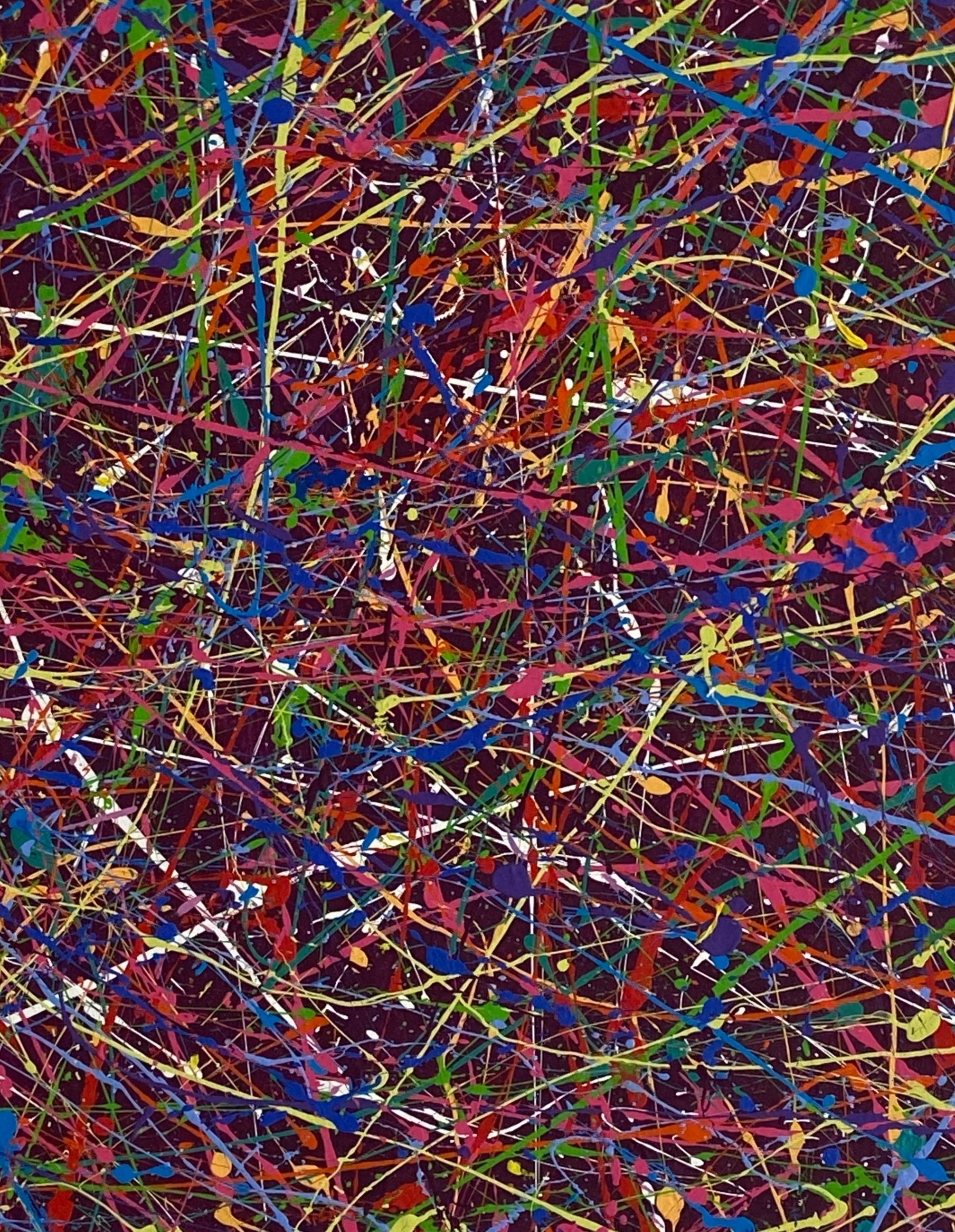 An abstract painting featuring a chaotic mix of colorful splatters and lines on a dark background, resembling Jackson Pollock's drip painting style.