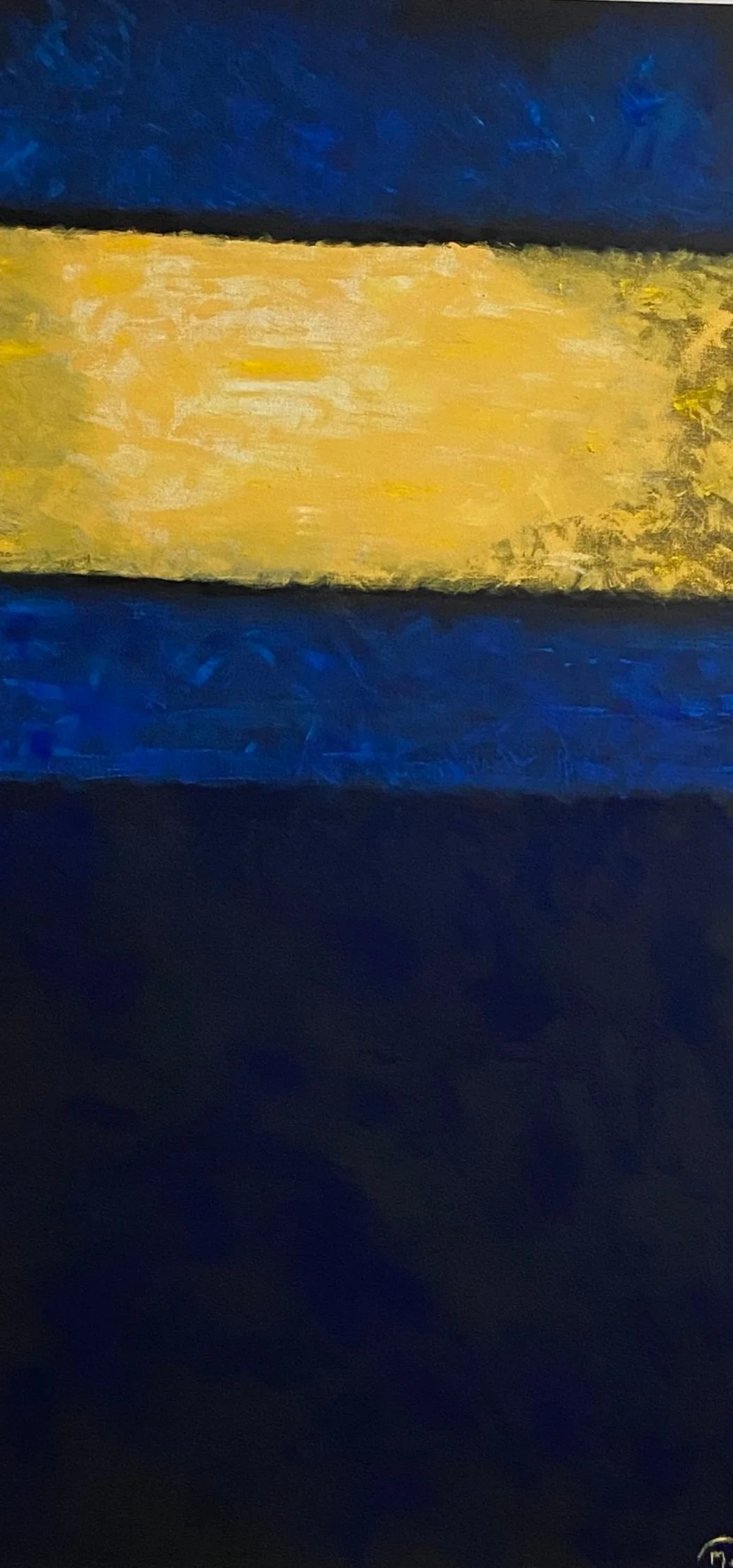 Abstract painting with horizontal bands of yellow, dark blue, and black.