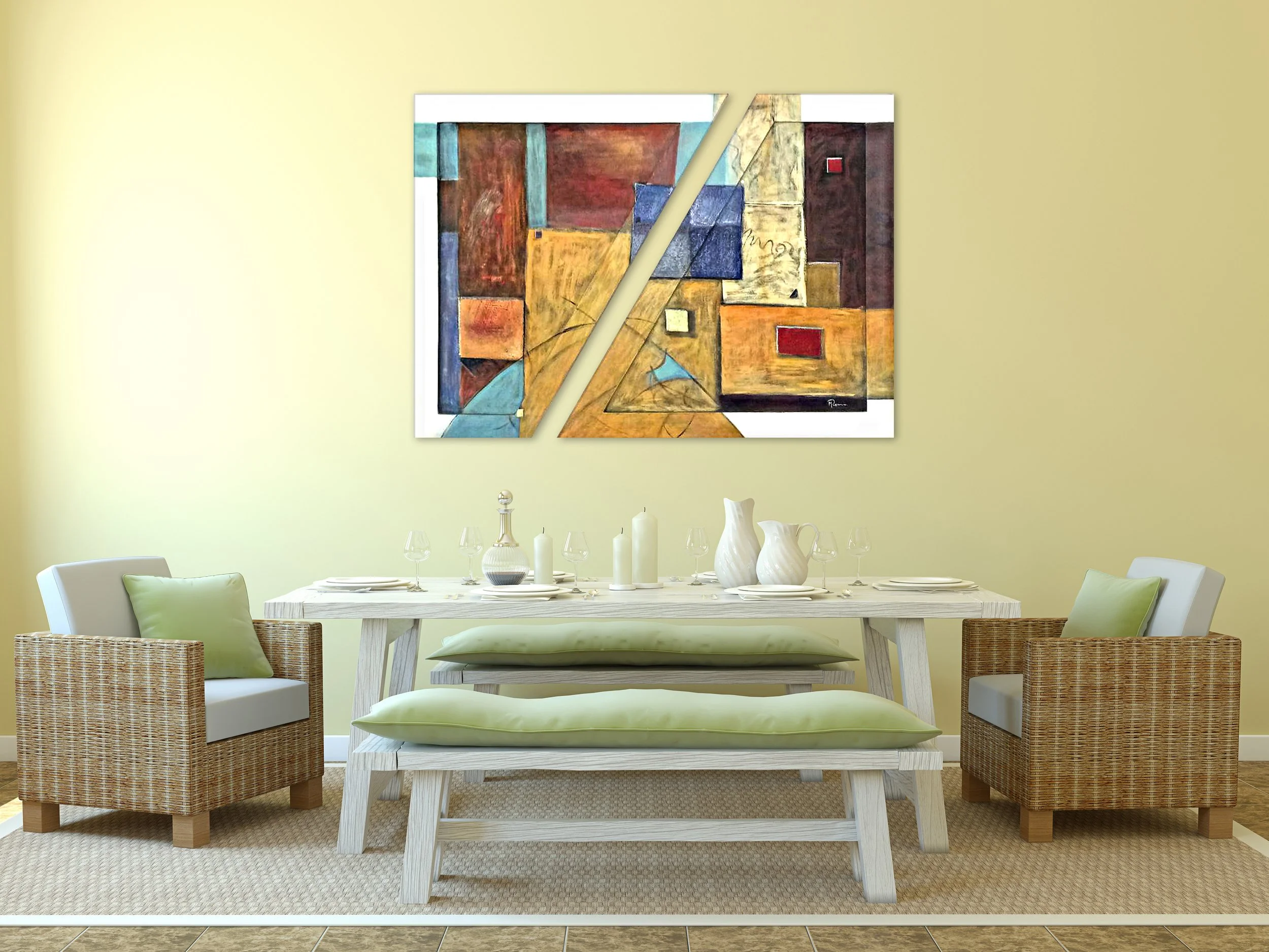 A living room with a pale yellow wall, a white wooden table with white and green cushions, rattan armchairs, a beige rug, an abstract painting on the wall, and decorative white vases and candles on the table.