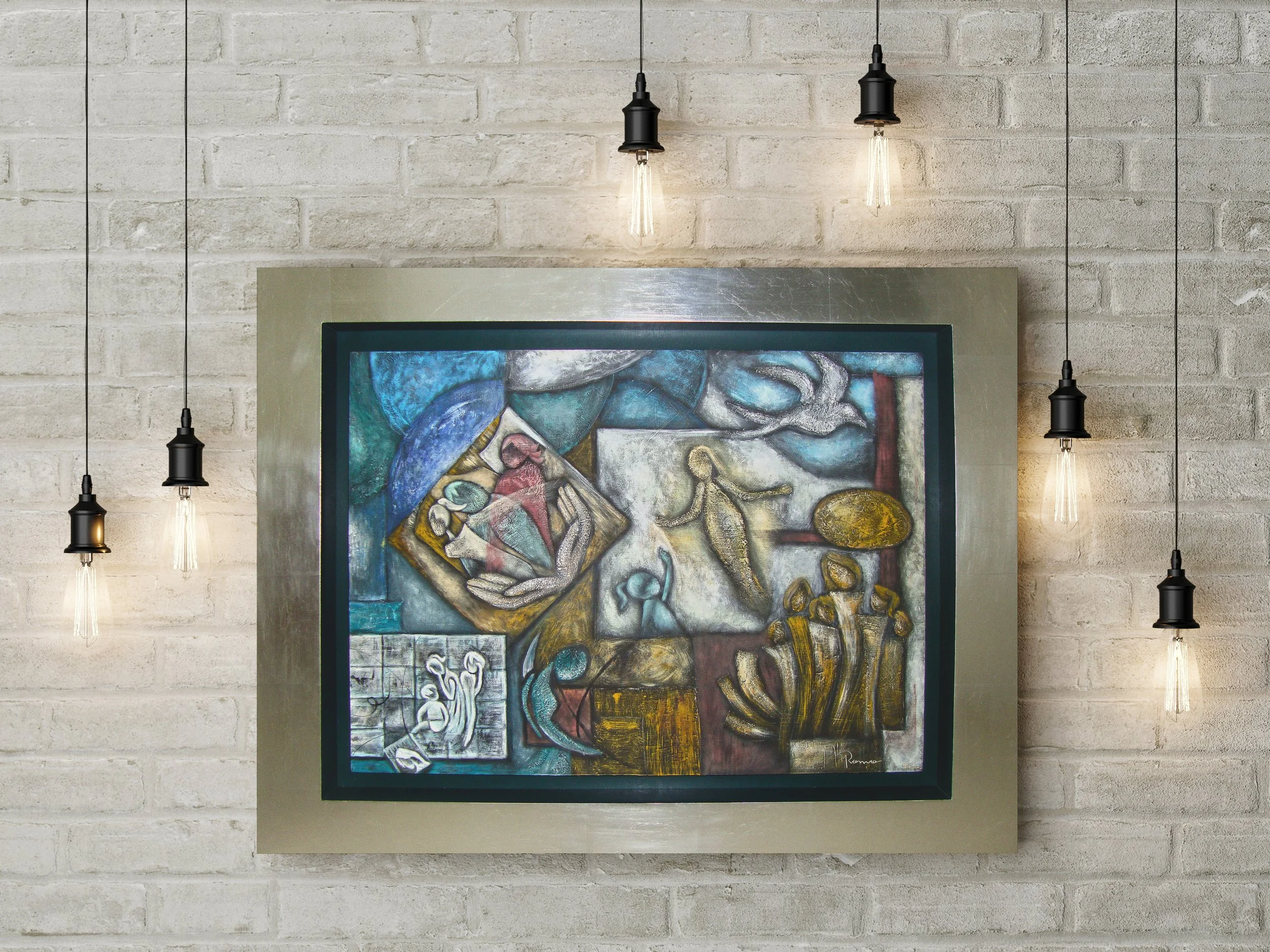 Abstract painting with various shapes and colors on a textured white brick wall, illuminated by six hanging Edison-style light bulbs.