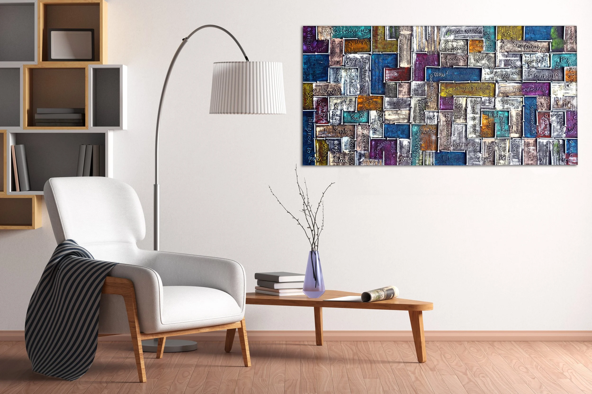 Modern living room with a white armchair, a wooden coffee table with a purple vase and books, an abstract color-block painting on the wall, a floor lamp with a white shade, and a wall shelf with books.