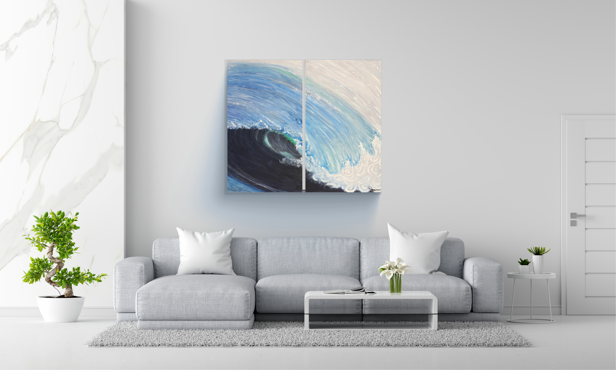 Modern living room with a light gray sofa, white pillows, a white coffee table with a book and flowers, potted plants, and a two-panel wave painting on the wall.