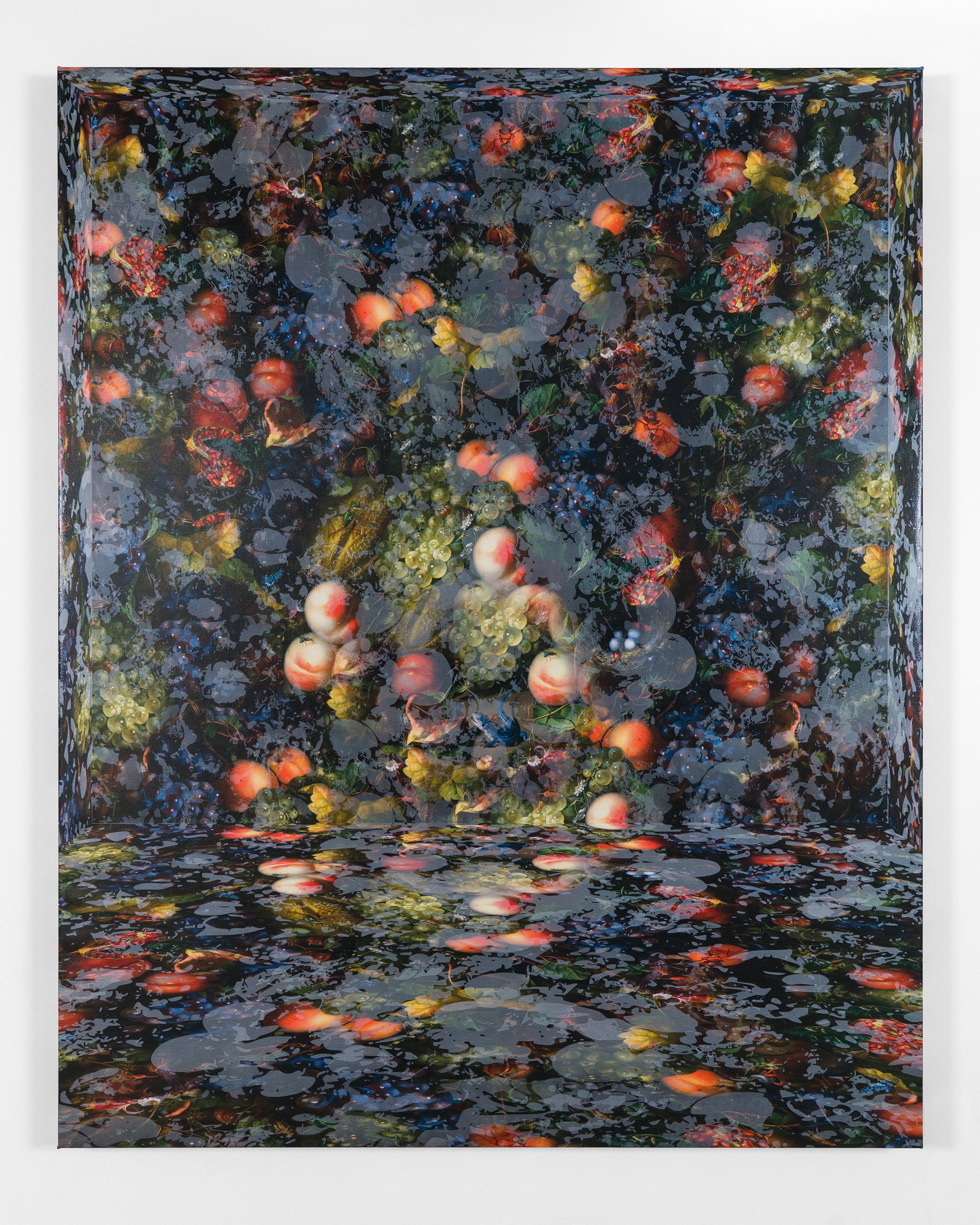 J Myszka Lewis,  Cultivating Wildness (Fruit Piece after Rachel Ruysch) 1 , 2026. Acrylic and digital collage on canvas. 60 x 48 x 1.5 inches.
