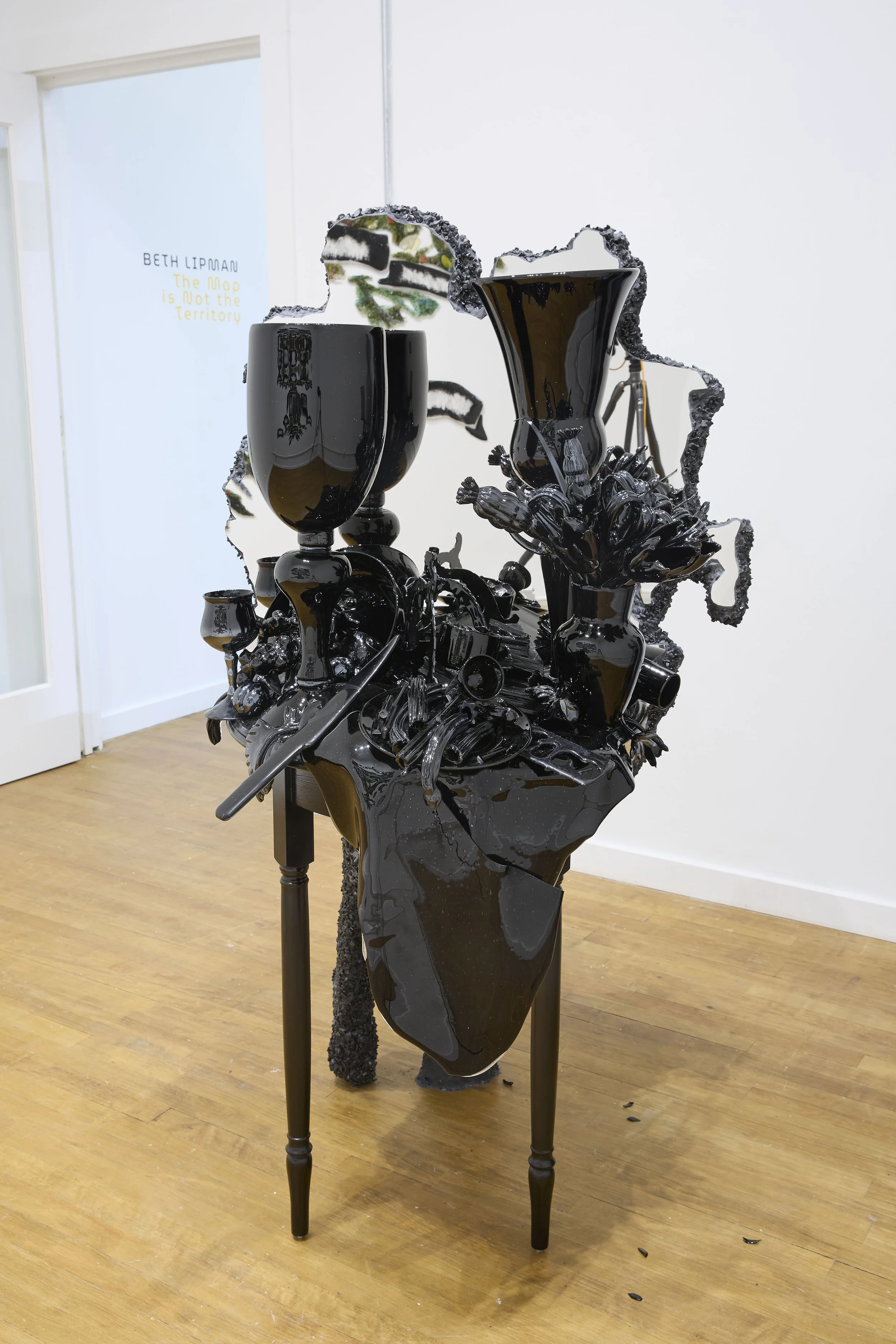 Beth Lipman,  Doppelgänger , 2026.  Wood, glass, metal, obsidian, polymer-enhanced gypsum, paint, and adhesive  61 x 35 x 45 inches  Photo credit: Rich Maciejewski.