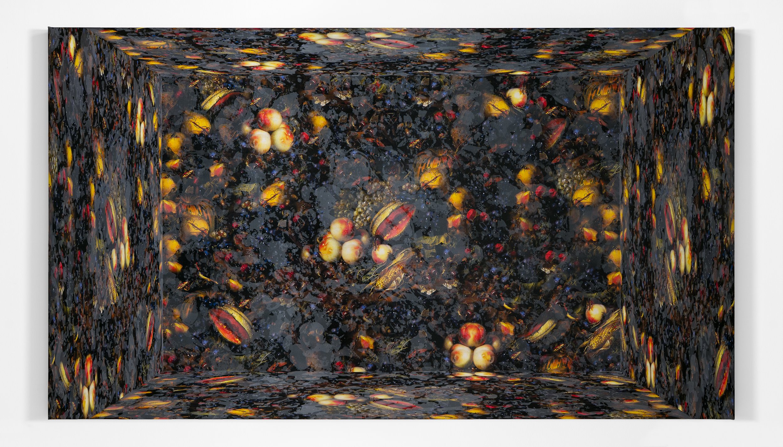 J Myszka Lewis,  Cultivating Wildness (Fruit Piece after Rachel Ruysch) 4 , 2026. Acrylic and digital collage on canvas. 48 x 84 x 1.5 inches.