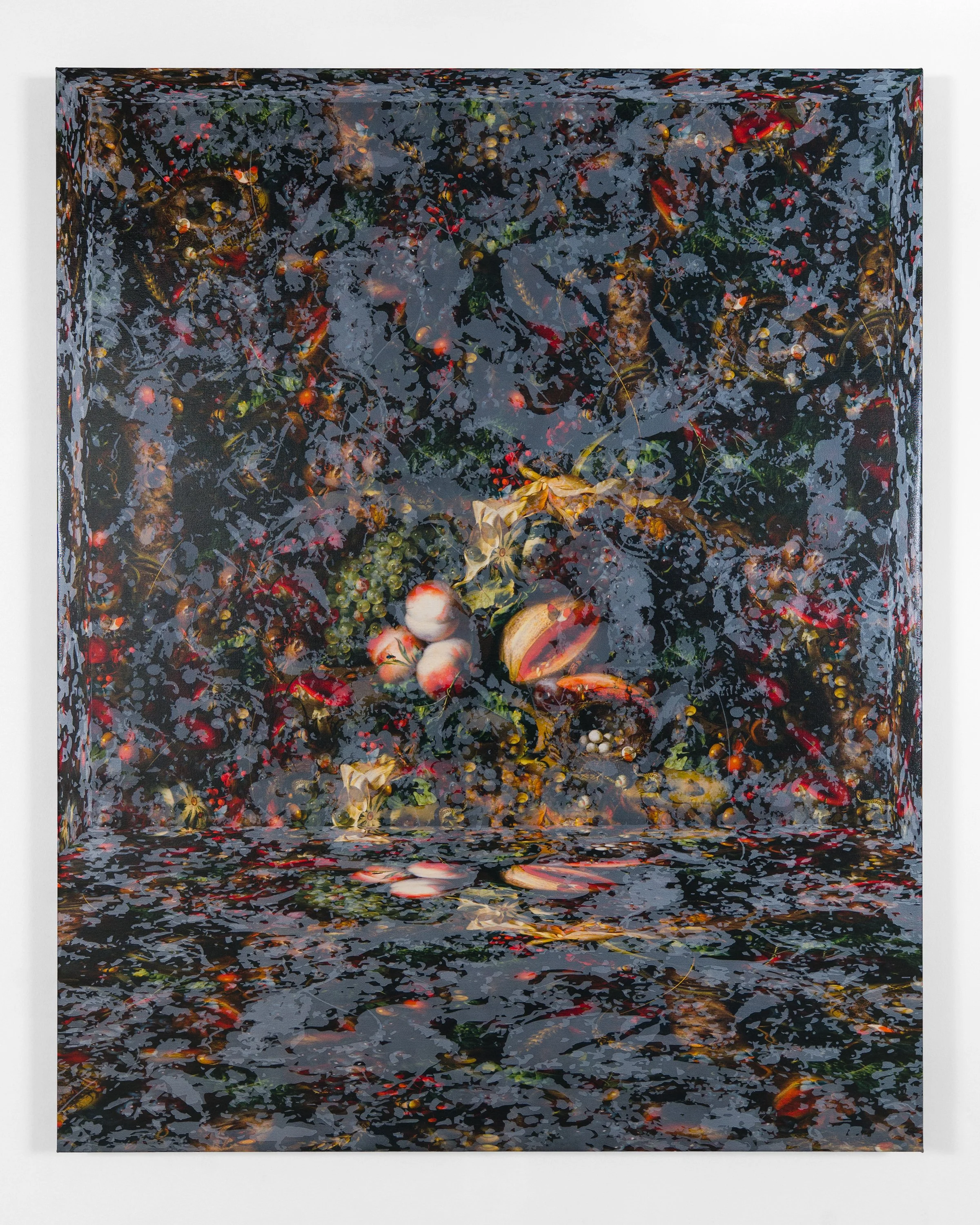 J Myszka Lewis,  Cultivating Wildness (Fruit Piece after Rachel Ruysch) 2 , 2026. Acrylic and digital collage on canvas. 60 x 48 x 1.5 inches.