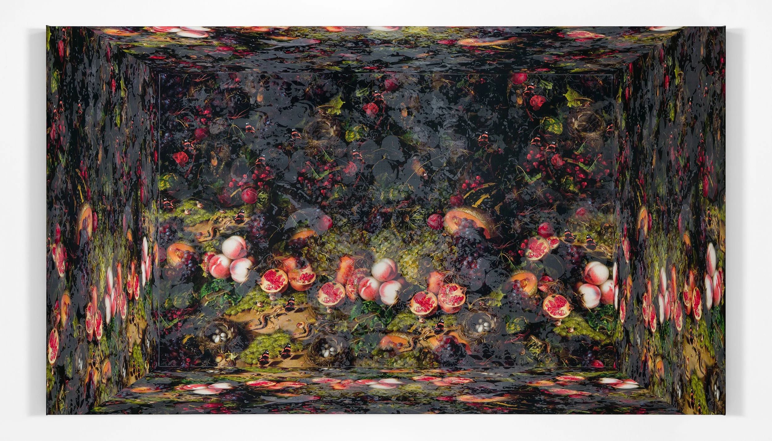 J Myszka Lewis,  Cultivating Wildness (Fruit Piece after Rachel Ruysch) 3 , 2026. Acrylic and digital collage on canvas. 48 x 84 x 1.5 inches.