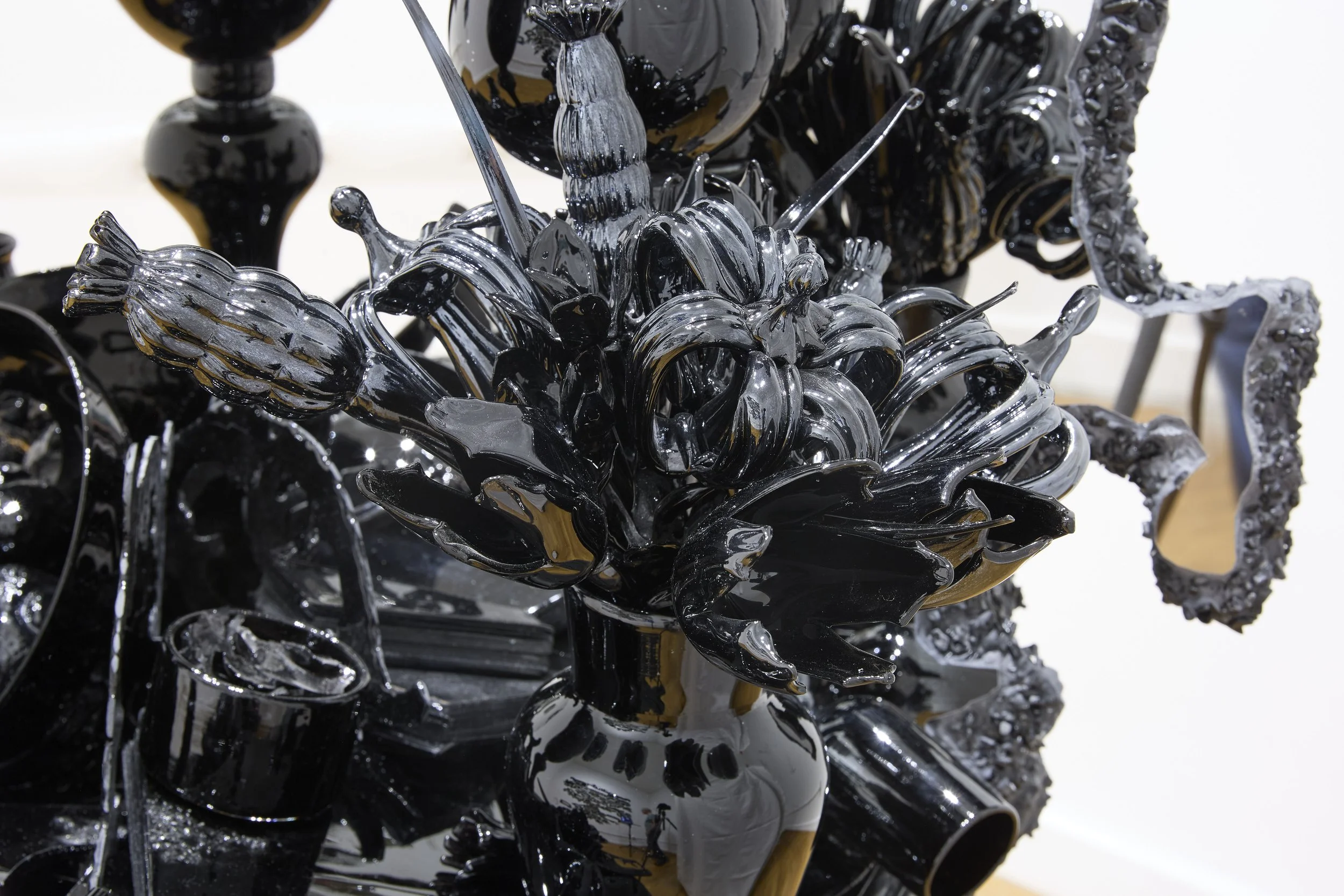 (detail): Beth Lipman,  Doppelgänger , 2026.  Wood, glass, metal, obsidian, polymer-enhanced gypsum, paint, and adhesive  61 x 35 x 45 inches Photo credit: Rich Maciejewski. 