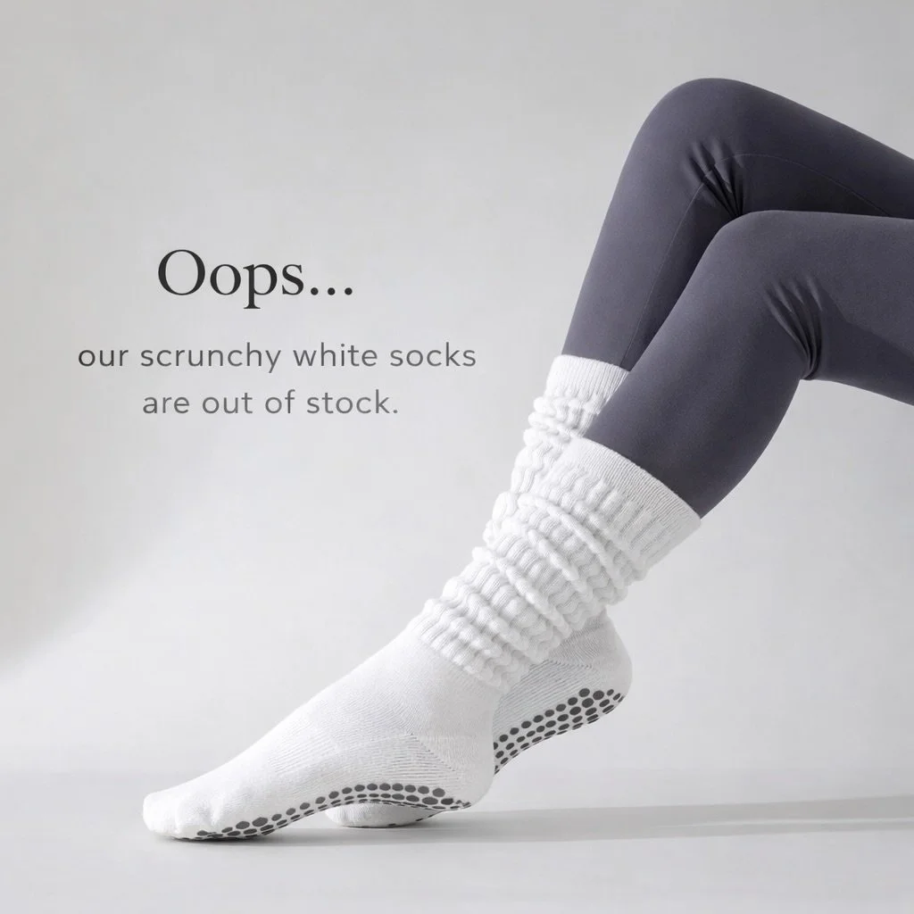 Oops&hellip; our scrunchy grip socks in white are currently out of stock 🤍
They&rsquo;ll be back soon &mdash; promise.