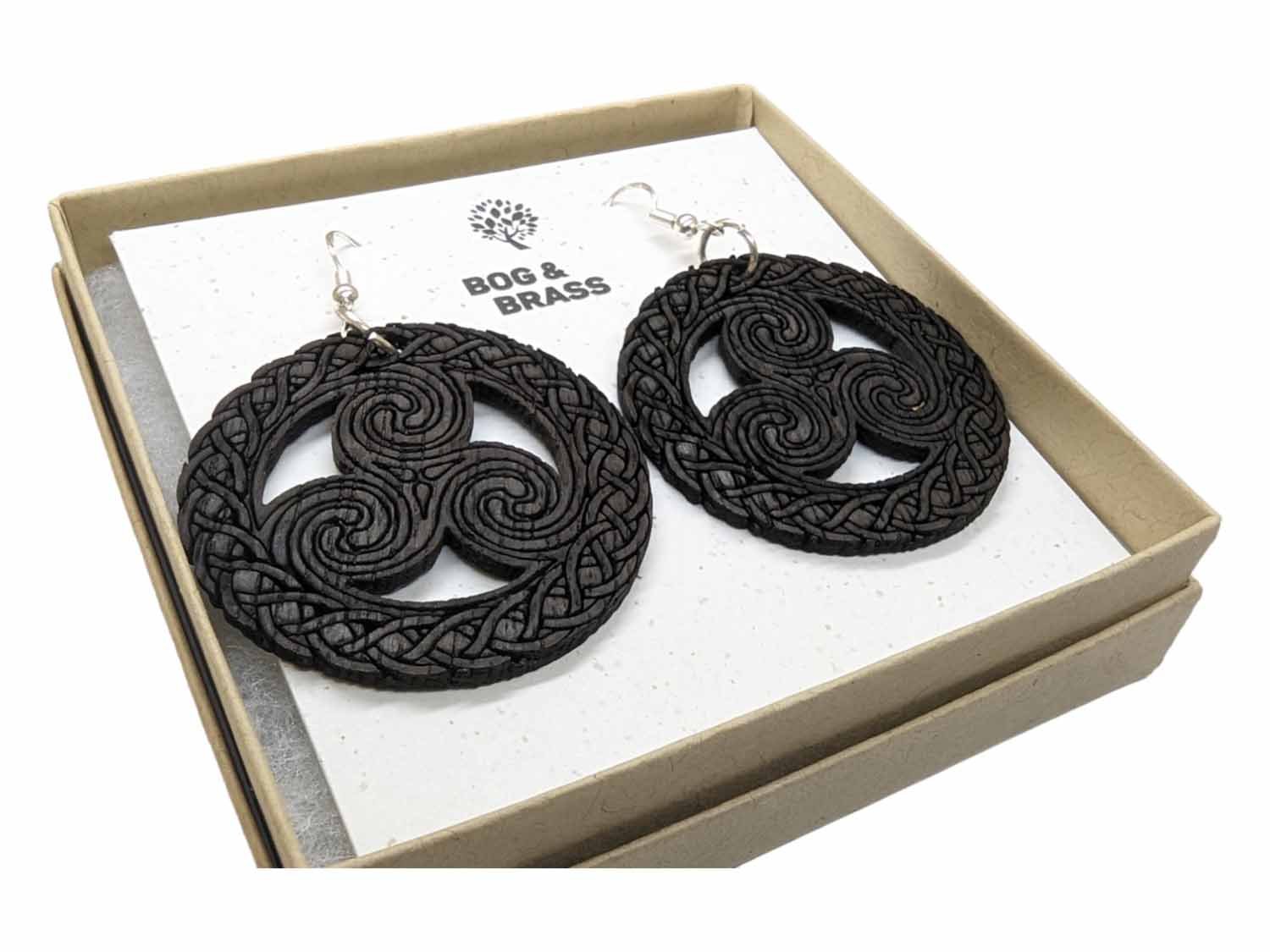 Irish Bog Oak triskele Celtic earrings