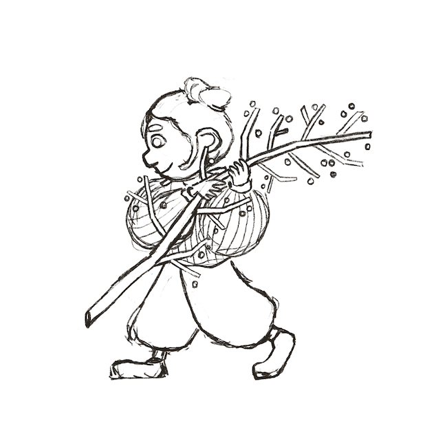 Handdrawn pencil sketch of a girl carrying branch illustration