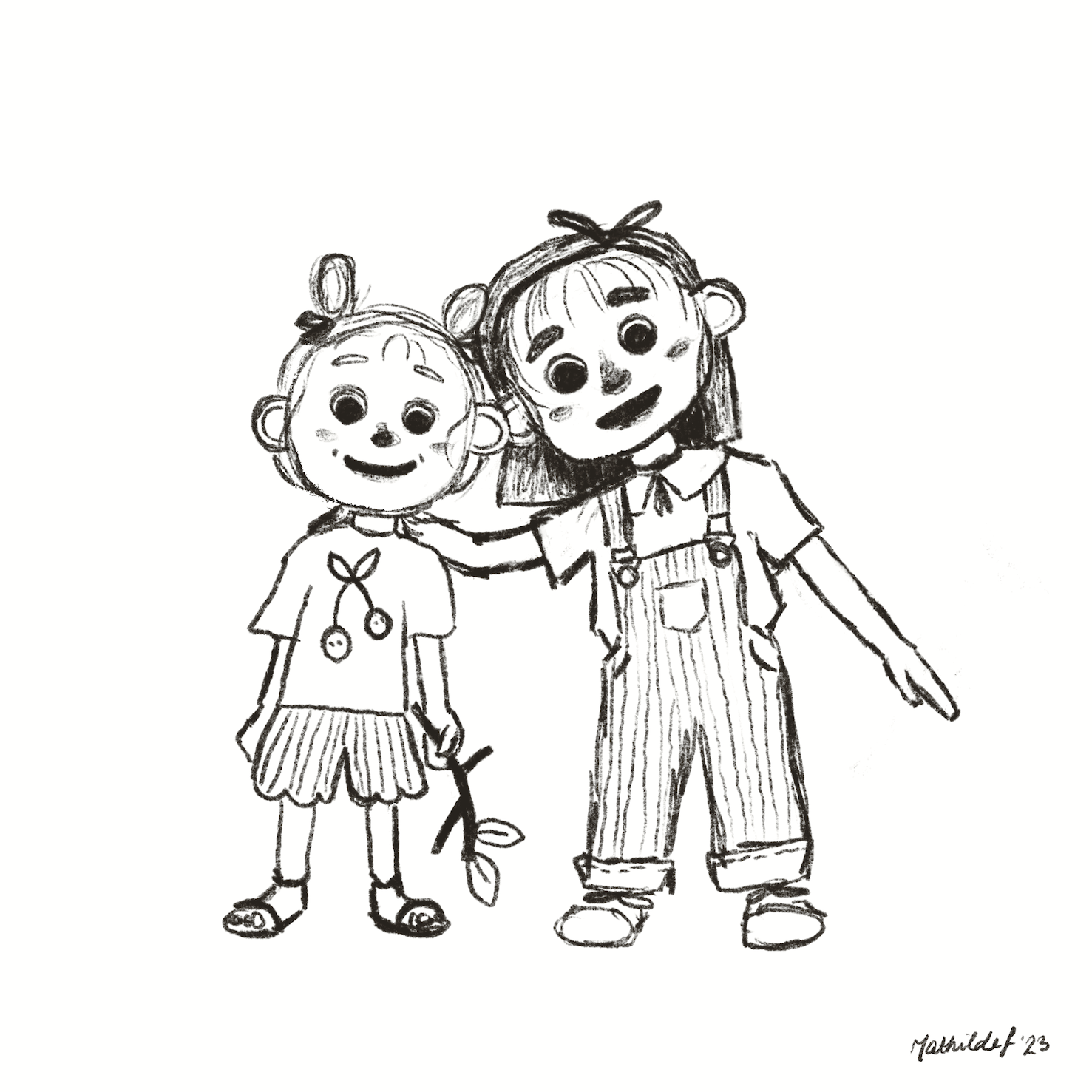 Handdrawn black and white pencil illustration sketch of kids hugging siblings sisters