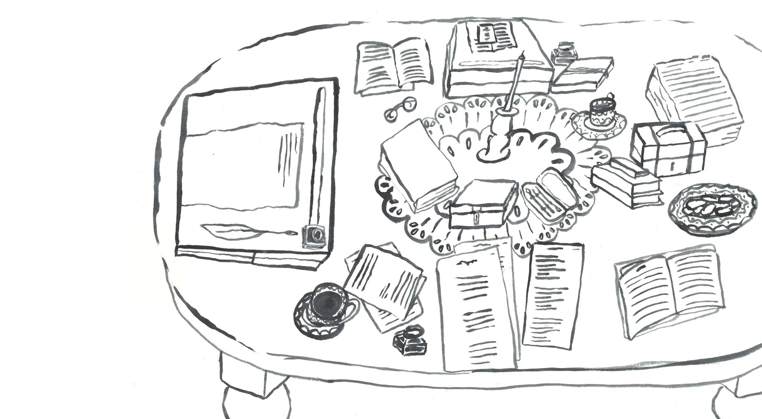 Ink illustration of table with books and handwritten pages