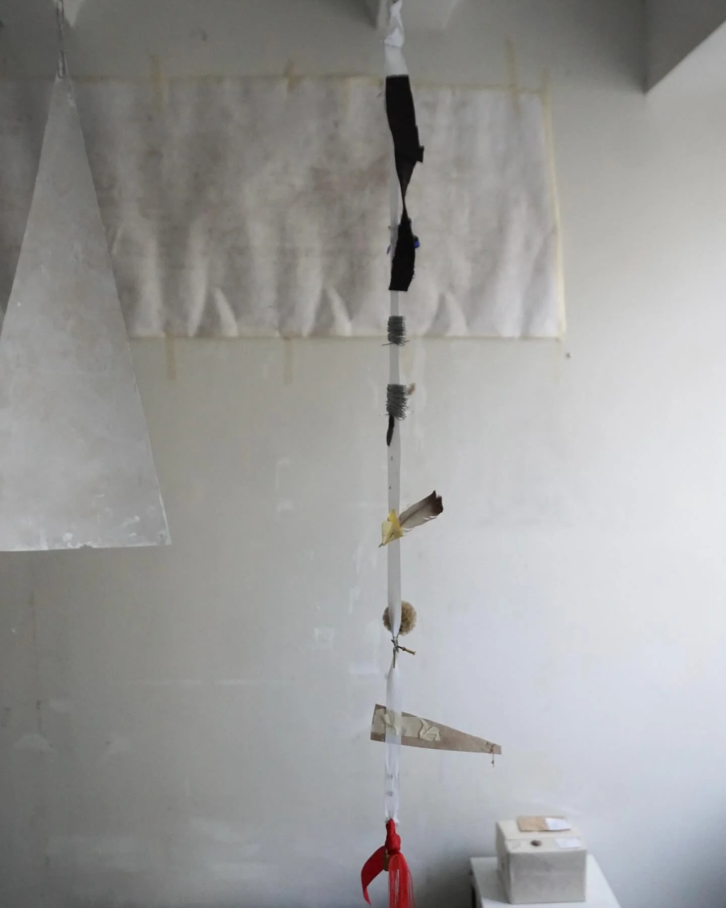 Opine 
Ribbon, Needles, Heart Shape Object, Paperclips, Fabric Threads, Personal Hair Locks, Silk Embroidered &ldquo;S&rdquo;, Blood, Paper Plane, Found Feather, Dried Flower, Wooden Flag, Broken Pearl Bracelet, Previously Used Painted Push Pins, Rea