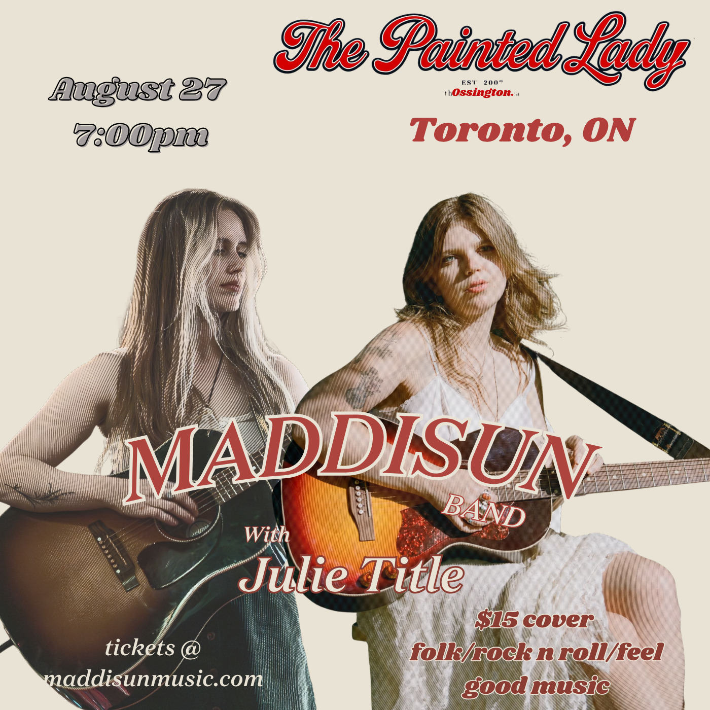 Join Maddisun and her full band, on her "Genuine Energy Tour" featuring special guest Julie Title