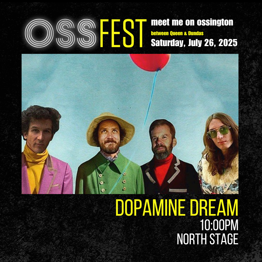 Event poster for OSS Fest featuring Dopamine Dream performing at 10:00 PM on July 26, 2025, at North Stage, with four band members standing outdoors against a partly cloudy sky, one holding a red balloon.