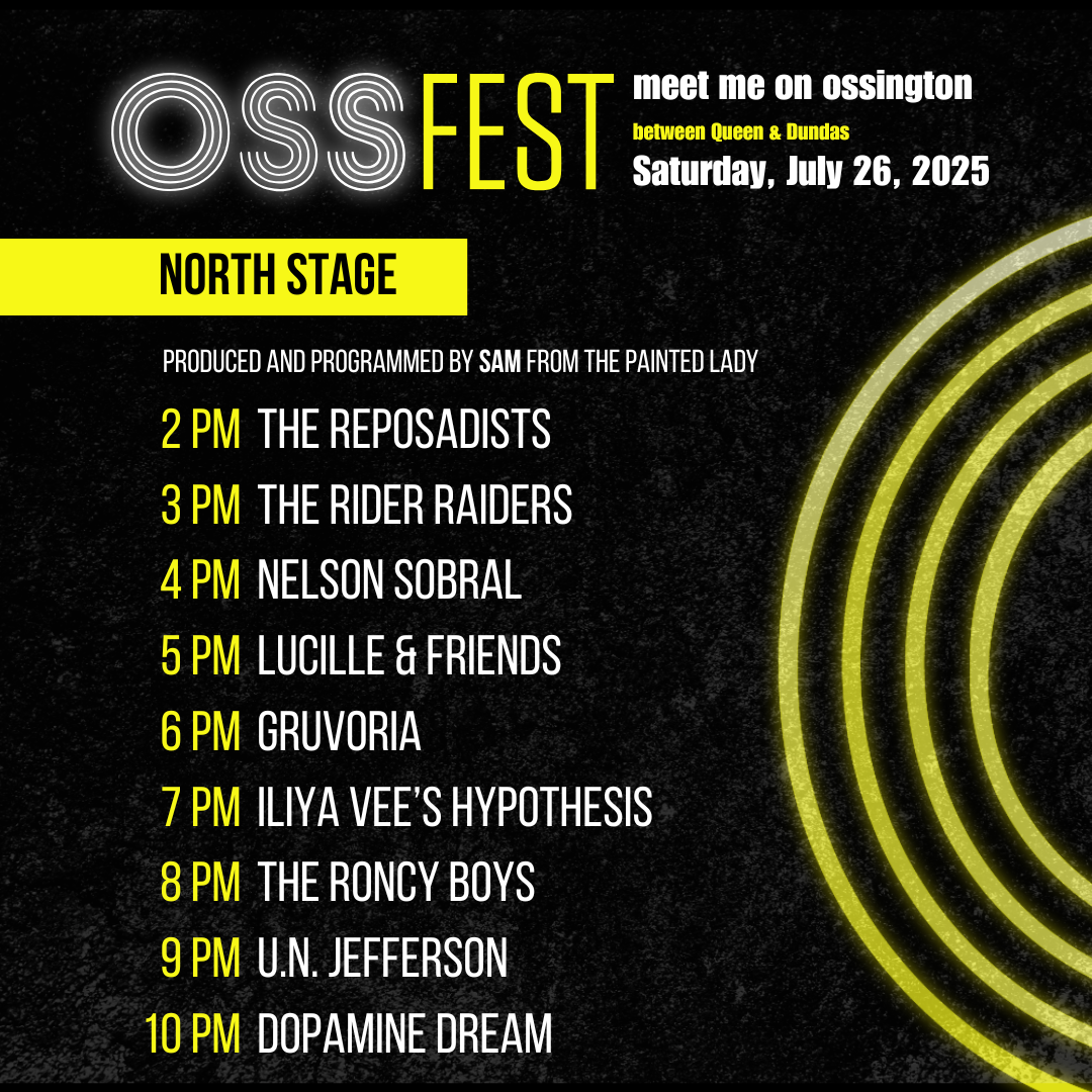Event poster for OSSFEST on July 26, 2025, with a black background and yellow accents, listing performances on the North Stage including The Reposadists, The Rider Raiders, Nelson Sobral, Lucille & Friends, Gruvoria, Ilya Vee's Hypothesis, The Rony Boys, U.N. Jefferson, and Dopamine Dream.