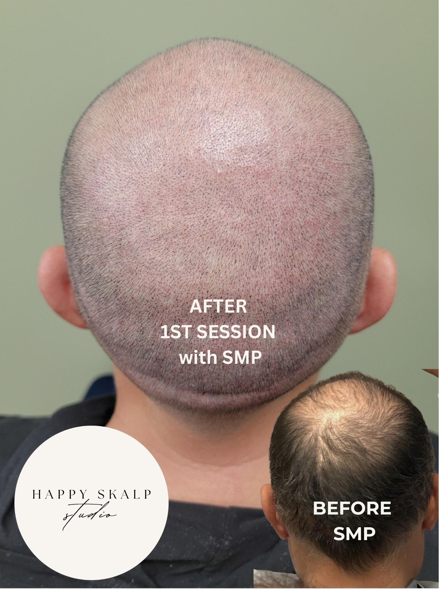 Comparison of a person's scalp before and after the first SMP session. The 'before' image shows balding scalp with hair thinning, and the 'after' image shows a densely pigmented scalp with freshly done SMP.