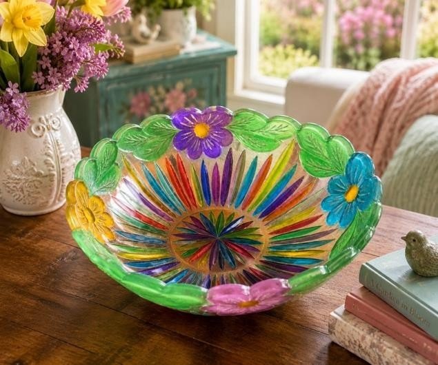 Hand-Painted Spring Garden Glass Bowl