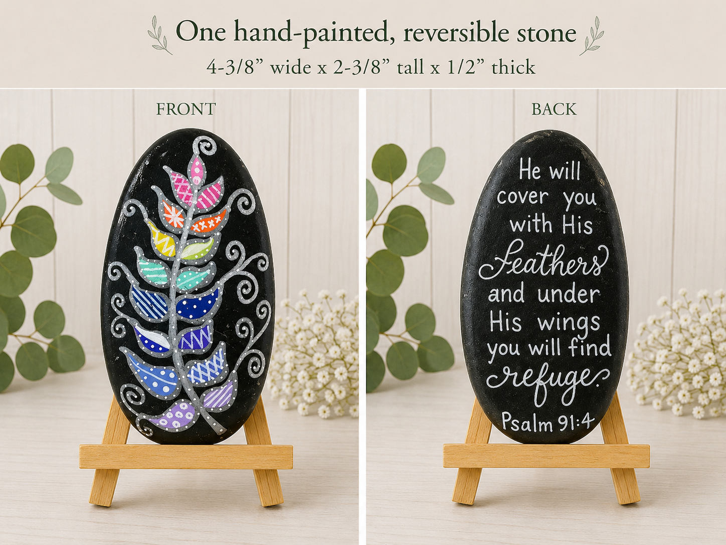 Hand-Painted Reversible Scripture Stone - Feather / Psalm 91:4