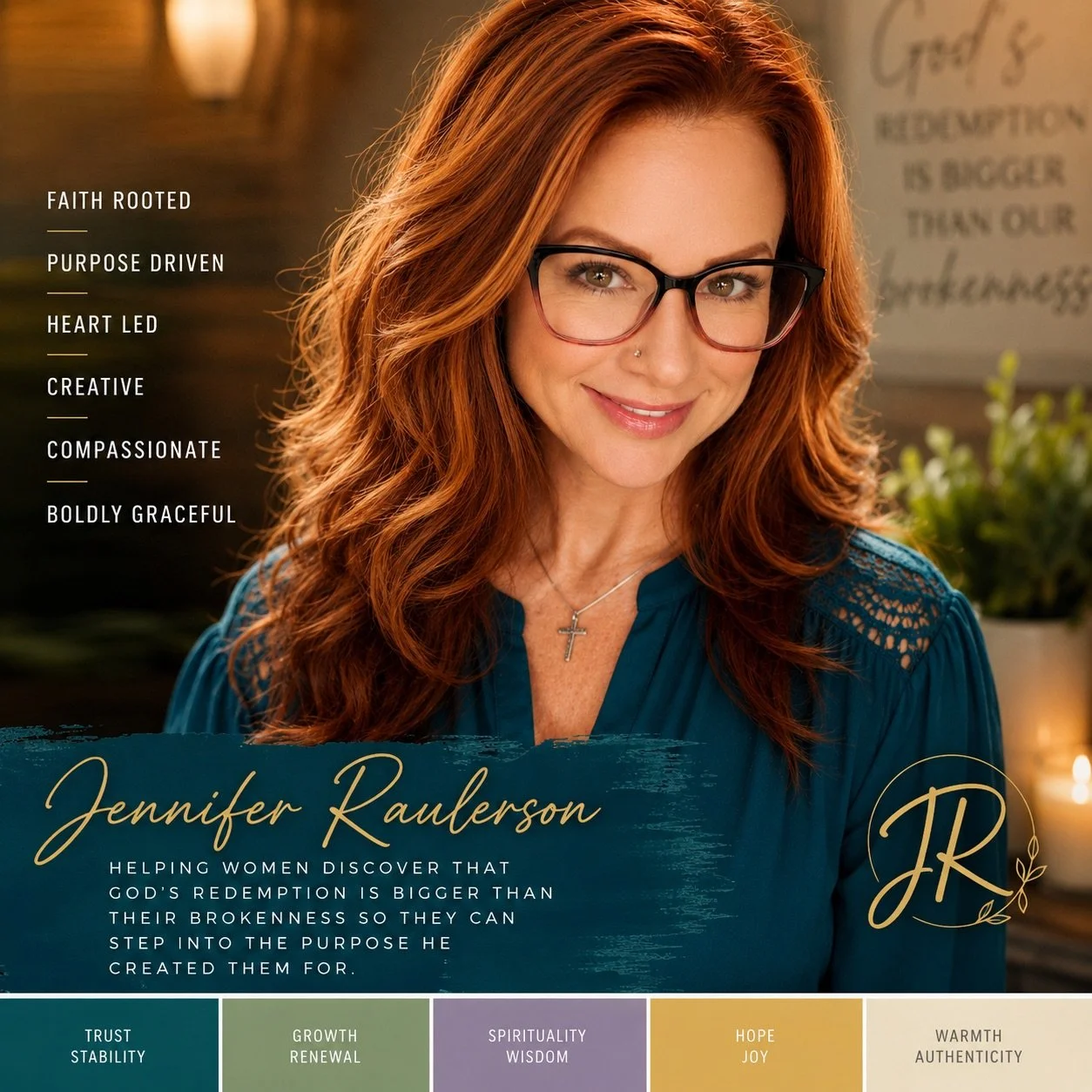 A woman with red hair and glasses smiling, wearing a blue top and a cross necklace. Background features a sign and plants.