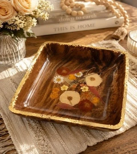 Pressed Wildflower & Gold Wooden Bowl