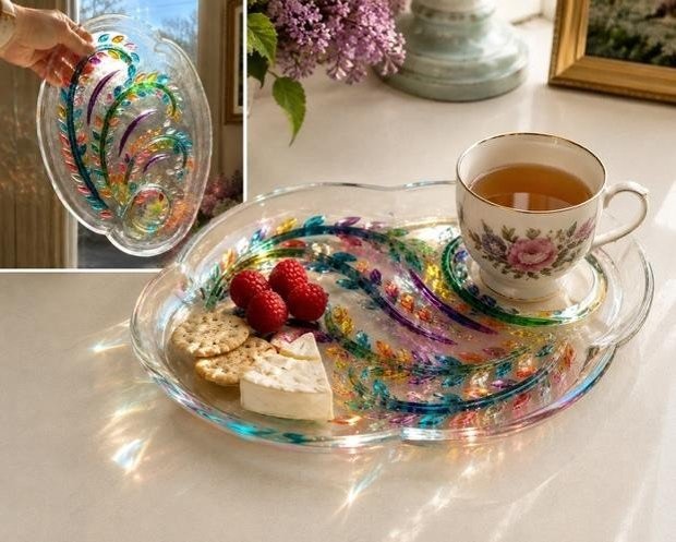 Hand-Painted Iridescent Glass Tea & Trinket Tray