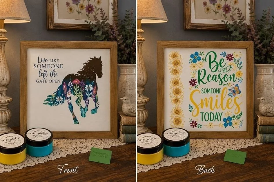 Reversible Handcrafted Framed Sign - 13” x 13”