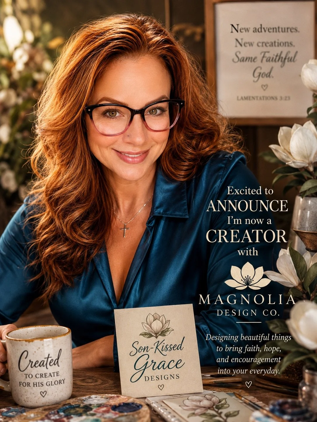 A woman with long, wavy red hair and glasses, smiling at the camera, surrounded by flowers and decorative items in a cozy setting. She is wearing a blue satin shirt and jewelry, with a sign and mugs on the table promoting her new role as a creator with Magnolia Design Co.