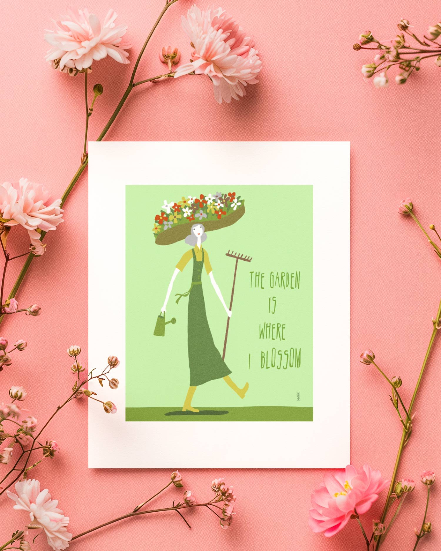 whimsical -print-of a gardener-placed-on the pink table.jpg