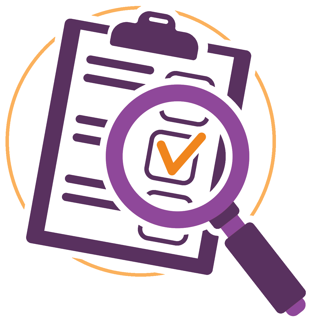 Graphic icon showing a clipboard with audit checklist lines and a magnifying glass circling a checkmark, symbolizing healthcare compliance and auditing review.