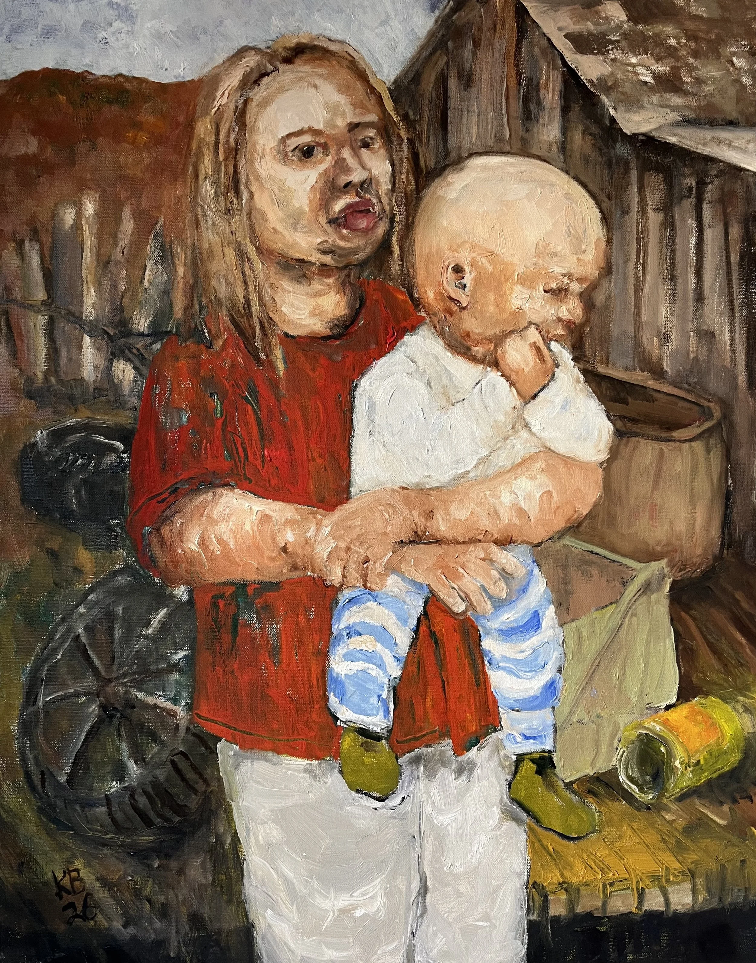 Girl, Baby and Trash,
Oil on Canvas, 2026,
22" by 28"