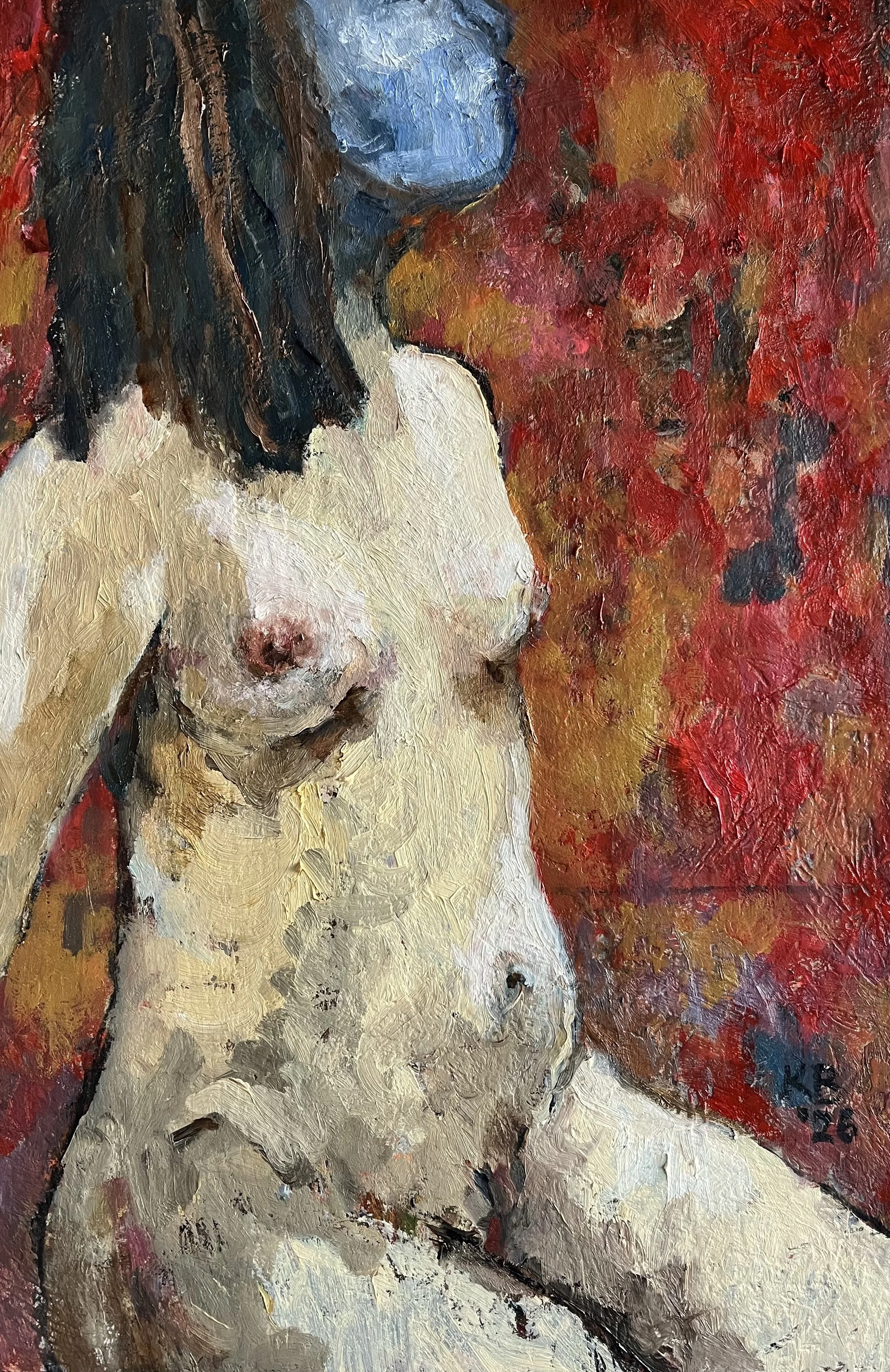 Woman with Blue Face,
Oil on Board, 2026,
12" by 18"