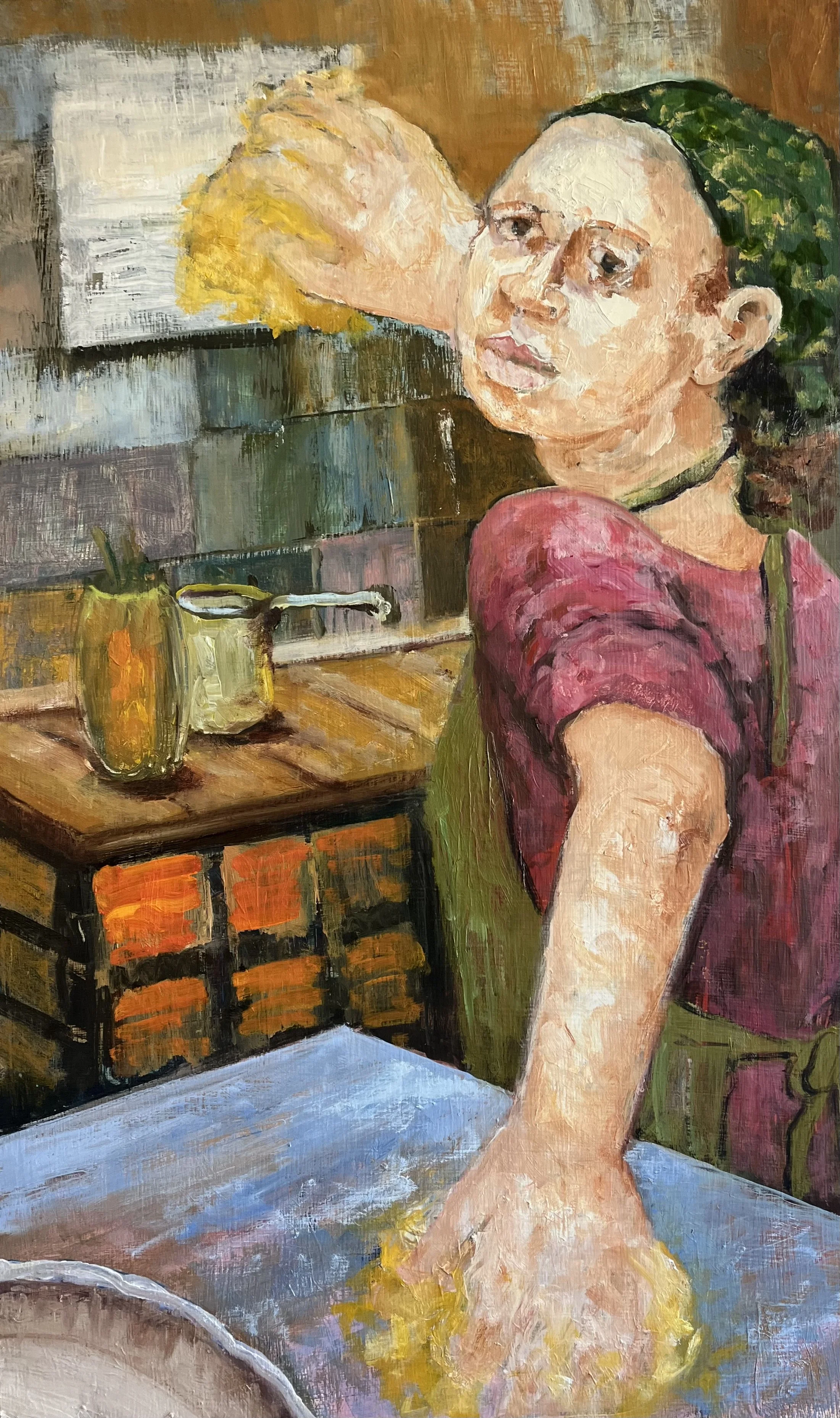 Can I Help You?,
Oil on Board, 2026,
18" by 30"
