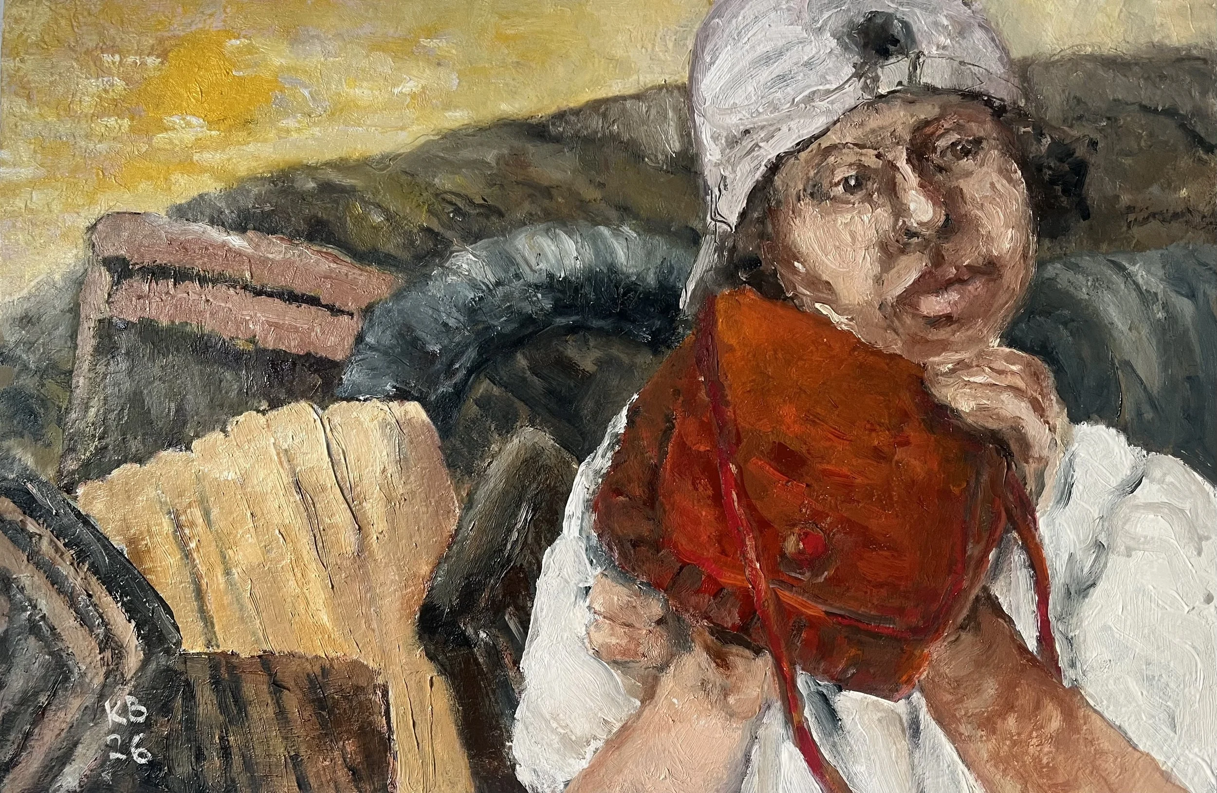 Look What I Found (Children and Trash series), Oil on Board, 2026, 16" by 12"