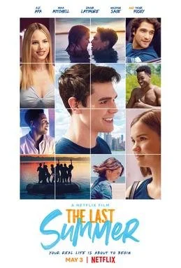 Collage of diverse teenagers, some smiling and talking, with a cityscape in the background, promoting the Netflix film 'The Last Summer'.