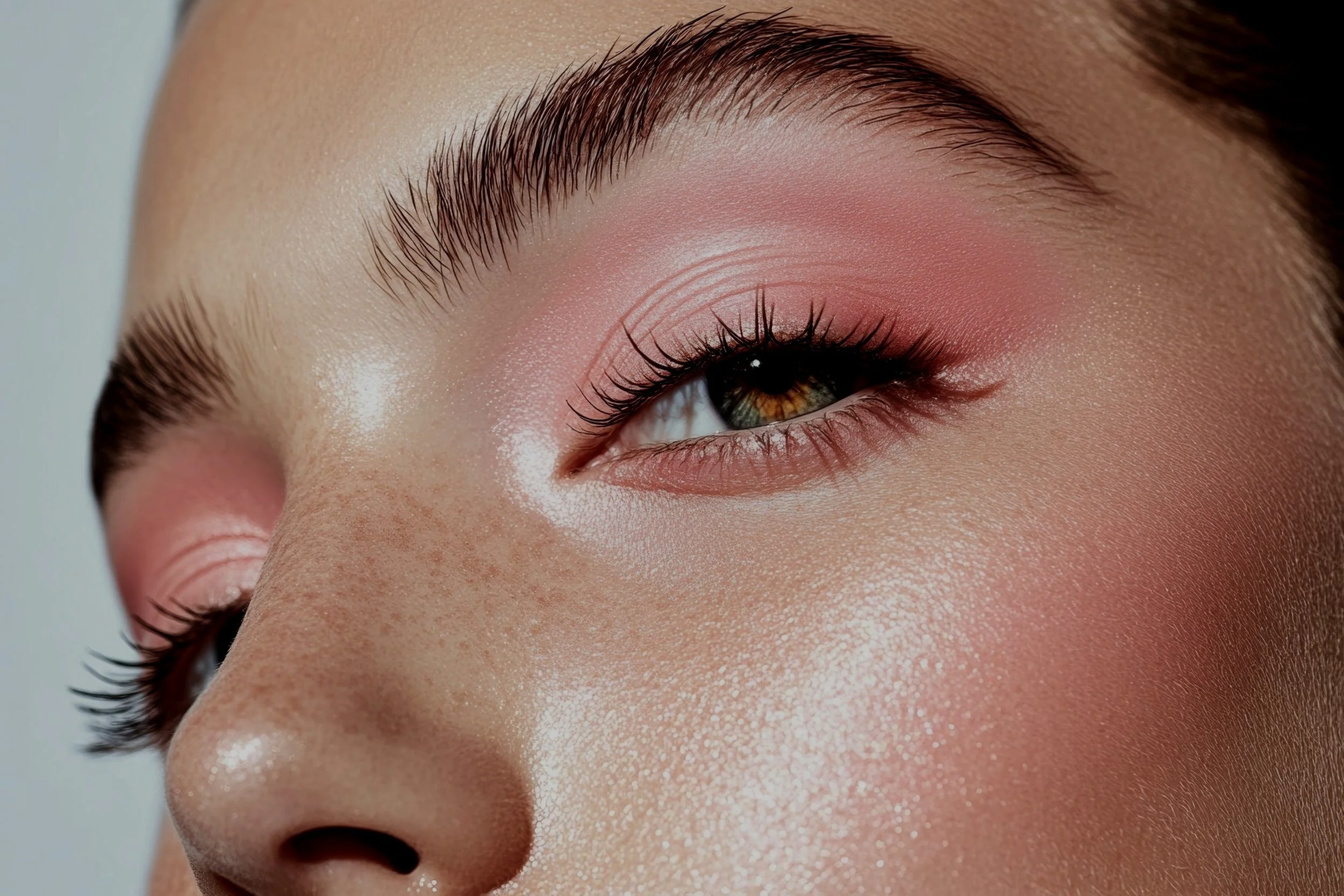 Close-up of a person's eye with makeup, including pink eyeshadow, long eyelashes, and well-groomed eyebrow.