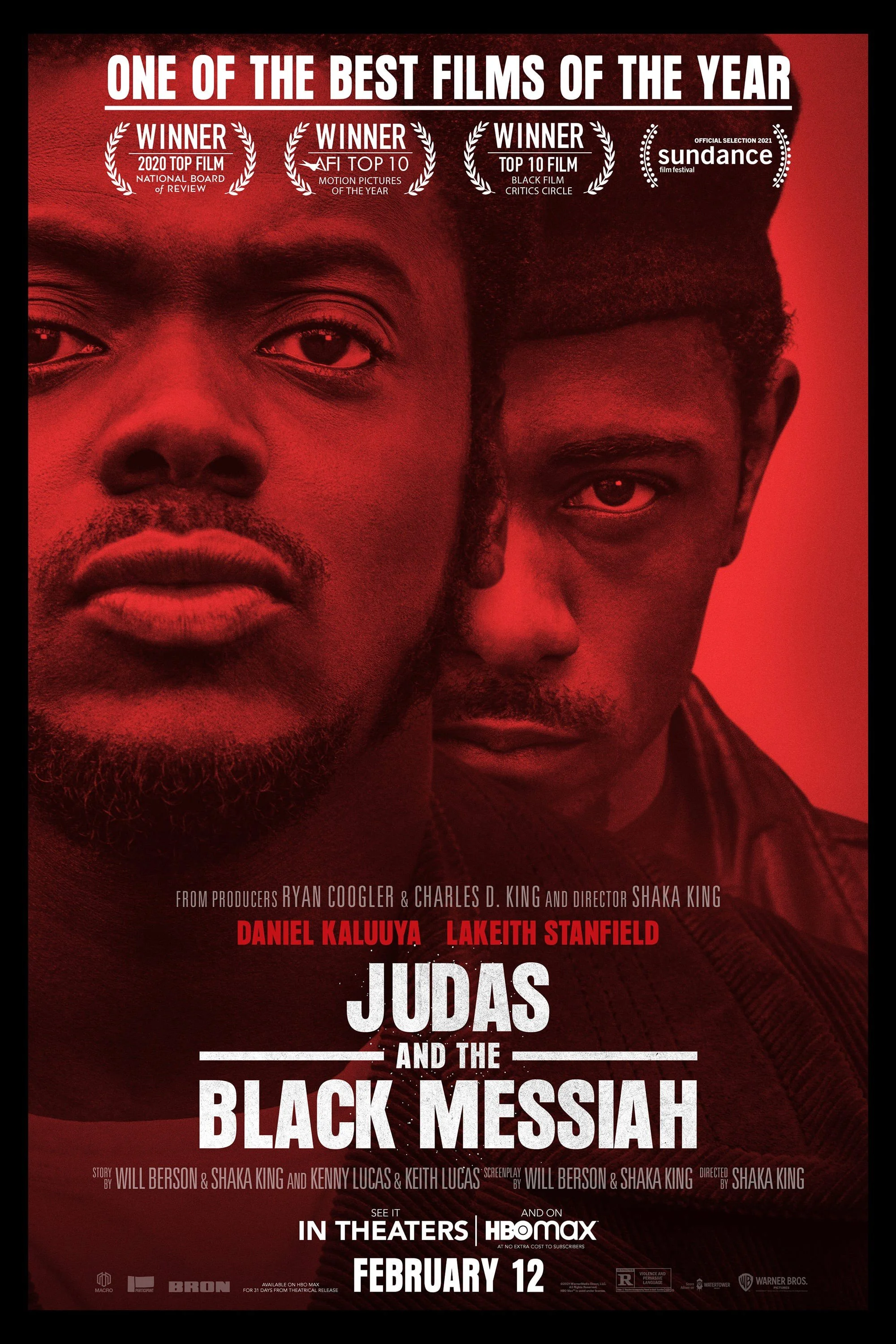 Red-tinted movie poster for "Judas and the Black Messiah" featuring close-up images of two Black men, with text highlighting awards and release date, February 12, and availability in theaters and HBO Max.